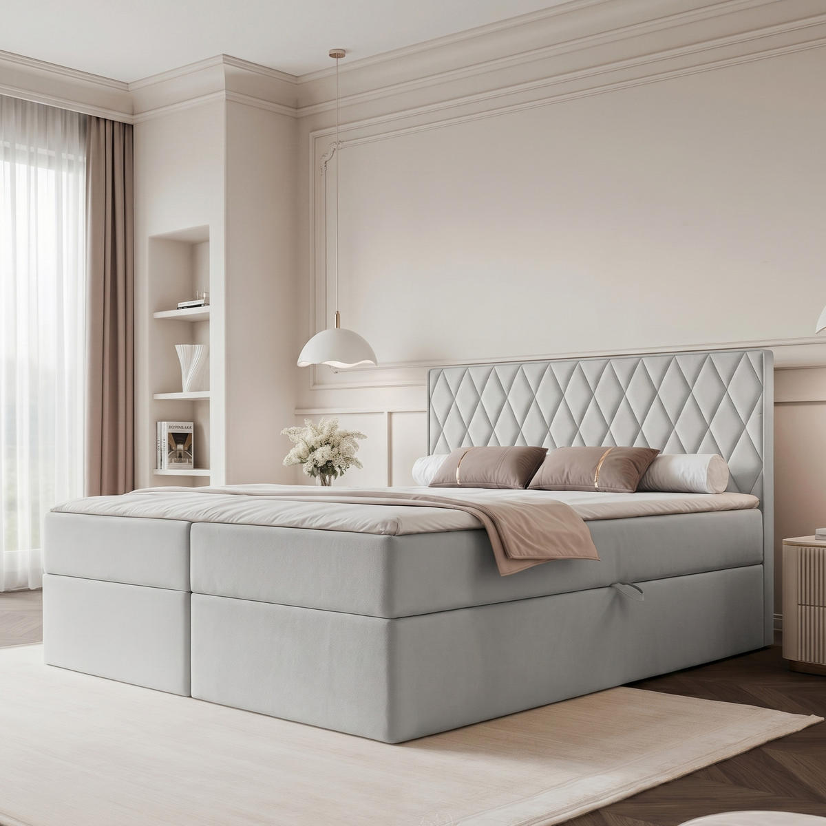 BOXBETT PONTI 160x200 cm Taubengrau (Samt) - mit 2 Bettkästen, Bonellmatratze und vertikaler Rautensteppung - Hellgrau, Holzwerkstoff/Textil (160/200cm) - Ravio