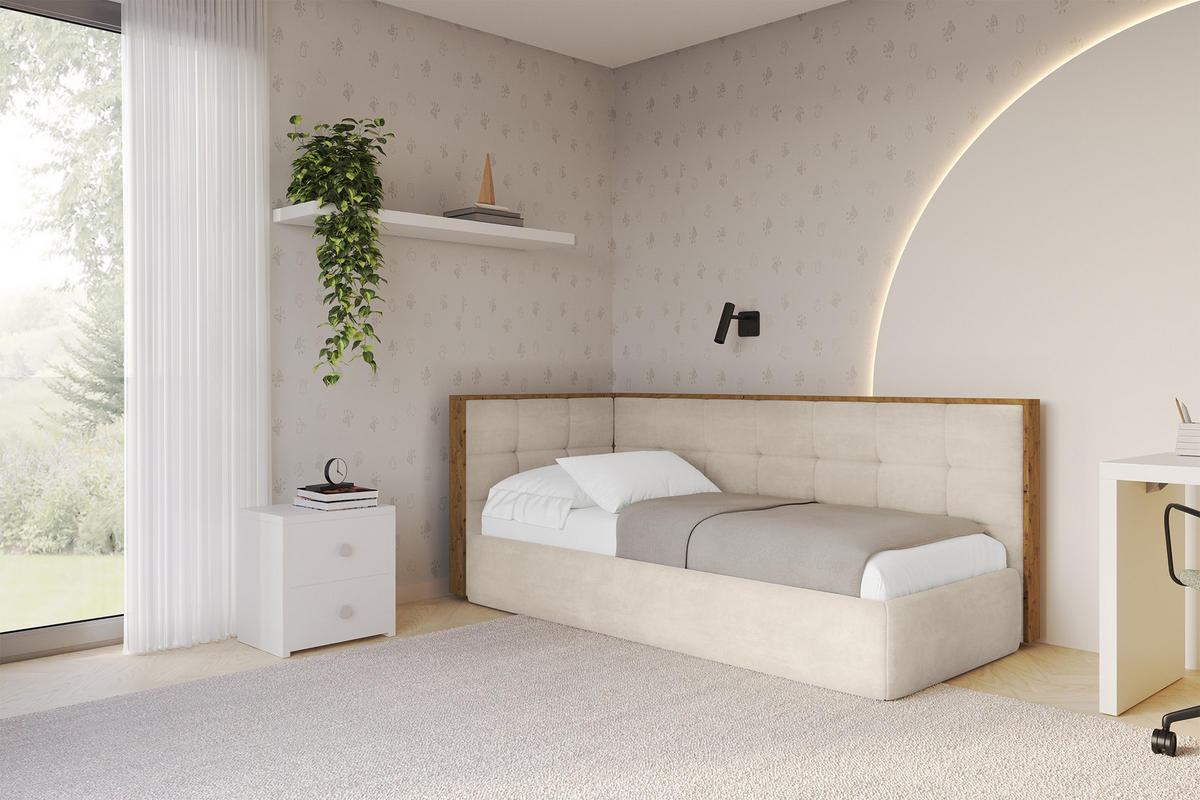 EINZELLBETT Jugendbett mit Bettkasten, Rechts - SOVY 100x200 Beige - Naturfarben, Holzwerkstoff/Textil (100/200cm) - ALTDECOR