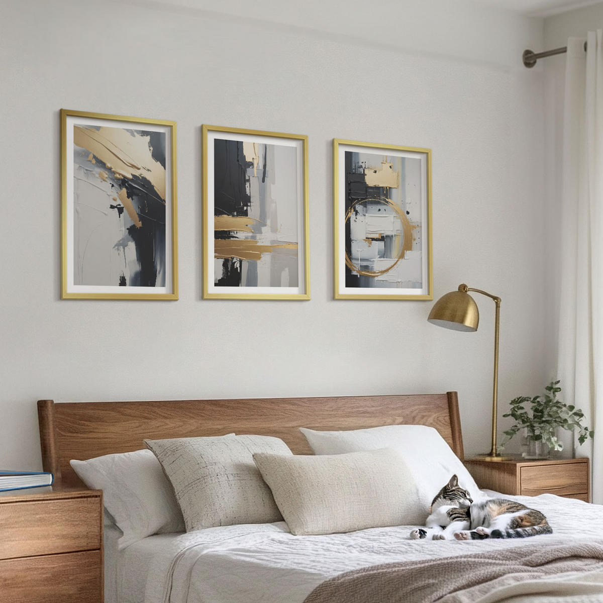 WANDBILDER 3er Set - 40x60 cm Goldrahmen - Abstrakte Schwarz-Weiß-Malerei - Goldfarben, Kunststoff (40/60cm) - ArtPrintCave