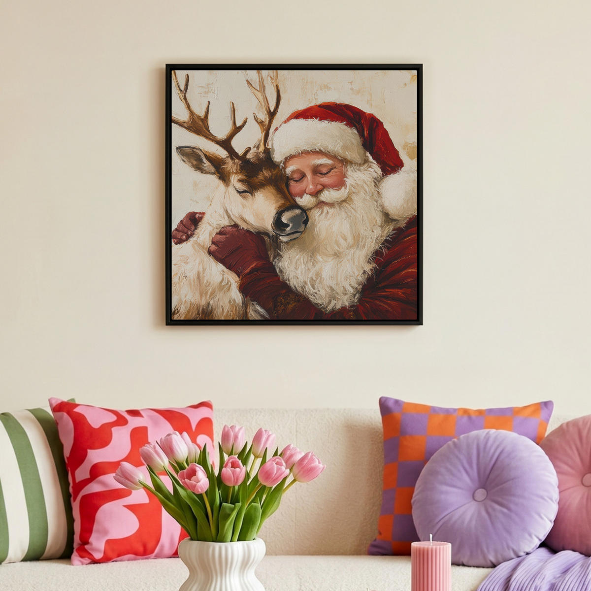 LEINWAND Bilder mit Rahmen - Weihnachtsmann - Rentier - Weihnachten - 50x50 - Rotbraun, Textil (50/50cm) - MuchoWow
