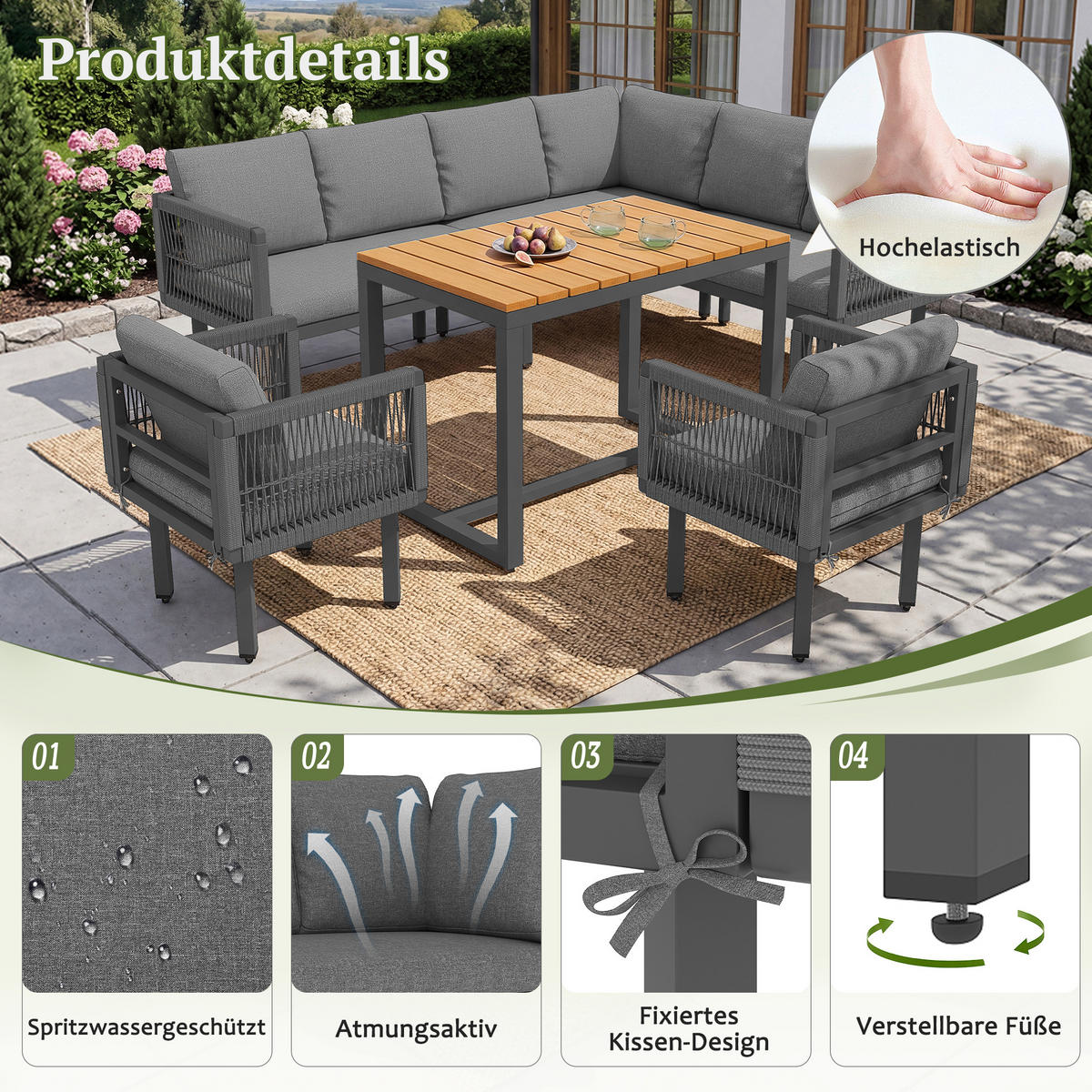GARTENLOUNGE 6-teilig Ecksofa Sessel Tisch Outdoor Grau - Grau, Metall - FLIEKS