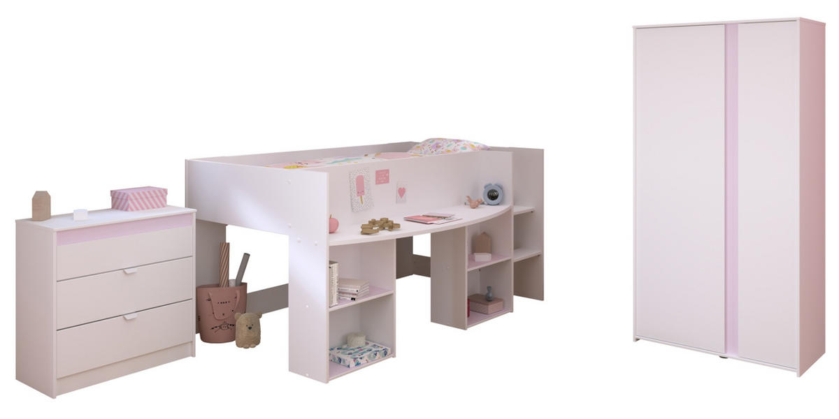 KINDERZIMMER Set 3-tlg. mit Hochbett Kleiderschrank Kommode Bett 90x200 - Weiß/Rosa, Holz/Holzwerkstoff (205/182/132cm) - Parisot Meuble