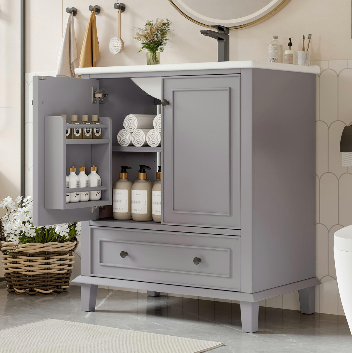 WASCHTISCHKOMBI 76/46/87 cm Grau aus Keramik und MDF mit Stauraum - Grau, Holzwerkstoff (76/87/46cm) - OKMYHOME