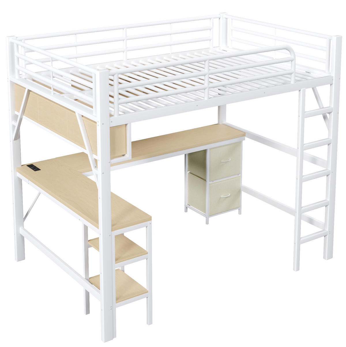 HOCHBETT 140/200 cm in Weiß – mit Schreibtisch, Stauraum und Rausfallschutz - Weiß, Holzwerkstoff (140/200cm) - BEAOK