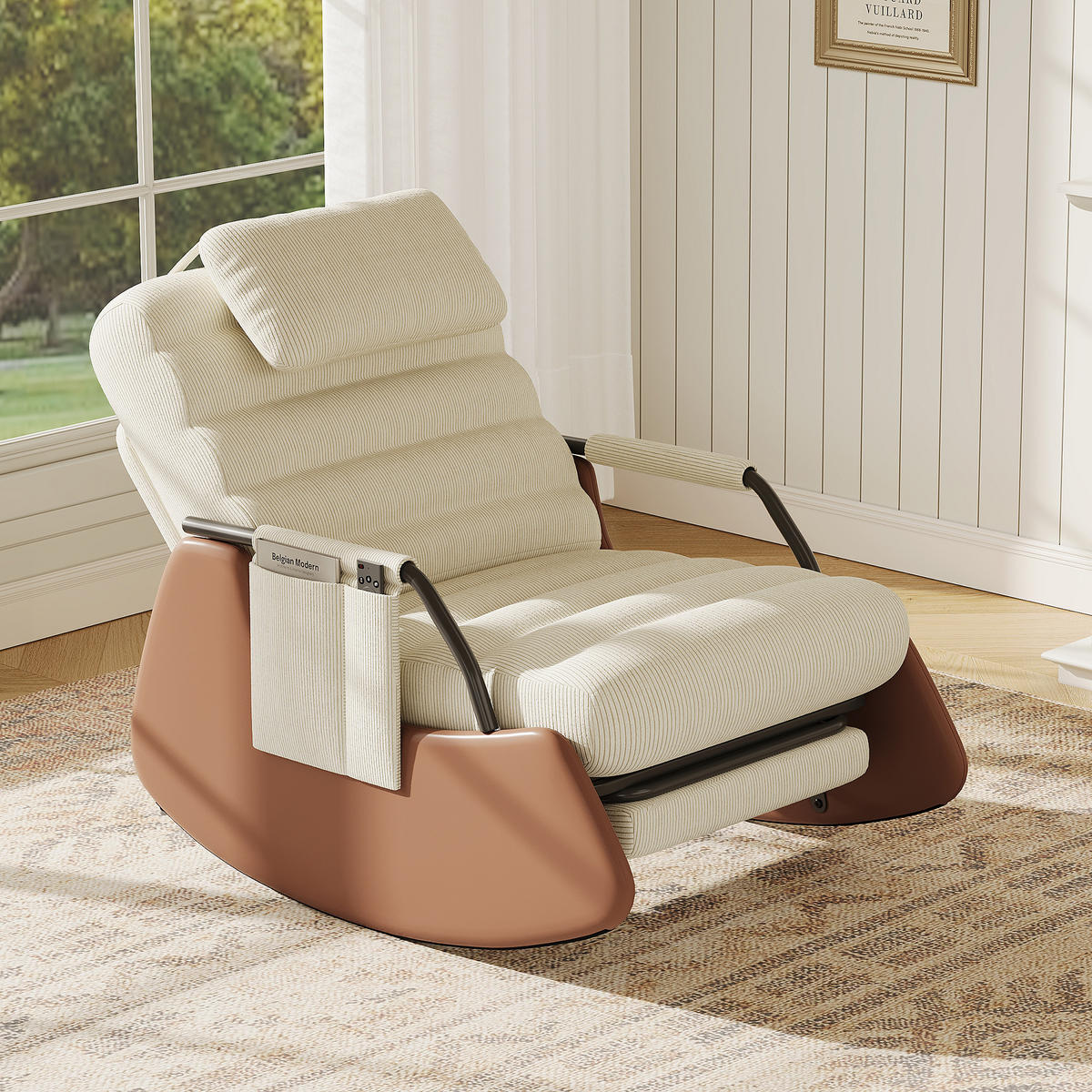 SCHAUKELSESSEL BEIGE CORDSTOFF 3-stufig verstellbar mit Fußstütze & Kopfstütze - Beige, Holz (67/92/91.5cm) - SHOPENTRA