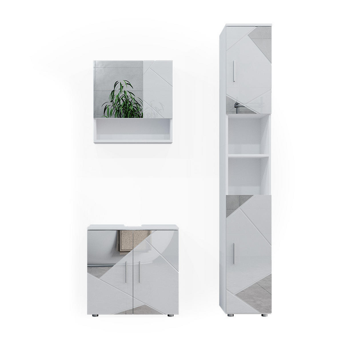 BADMÖBEL-SET Irma Weiß 3 Teile, mit Hochschrank - Weiß Hochglanz/Weiß, Holzwerkstoff (80/58.6/41cm) - Vicco