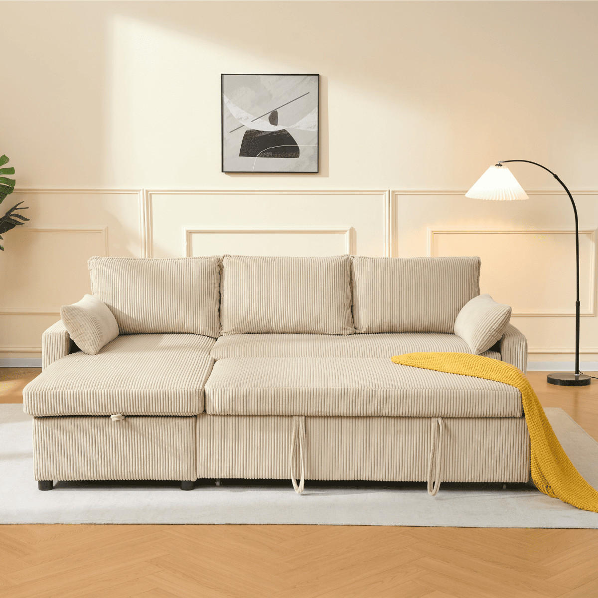 3-SITZER-SCHLAFSOFA in corduroy mit Chaiselongue 219/147/84 cm - Beige, Holz (147/84/66cm) - Calicosy