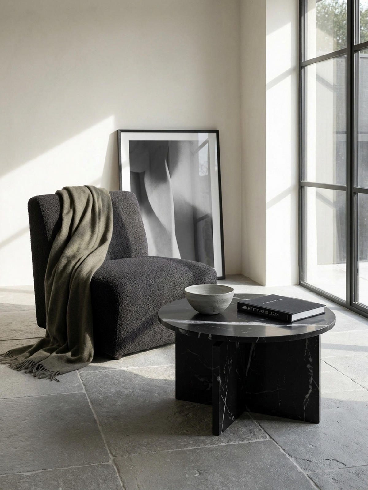 COUCHTISCH rund in Stein-Optik – modernes Design in Großformat, Schwarz 60x60x33 cm - Schwarz, Holzwerkstoff (60/60/33cm) - KADIMA DESIGN