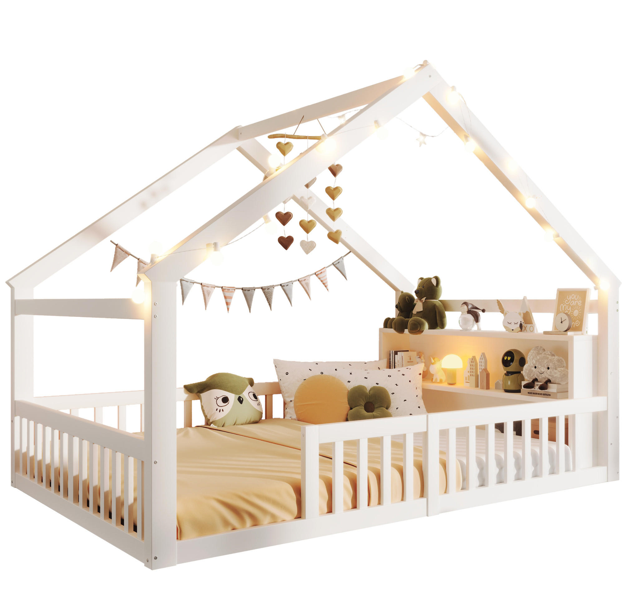KINDERBETT 140/190 cm in Hausform mit Gitter und Regalen, Kiefer/MDF, Weiß - Weiß, Holz (140/190cm) - BEAOK
