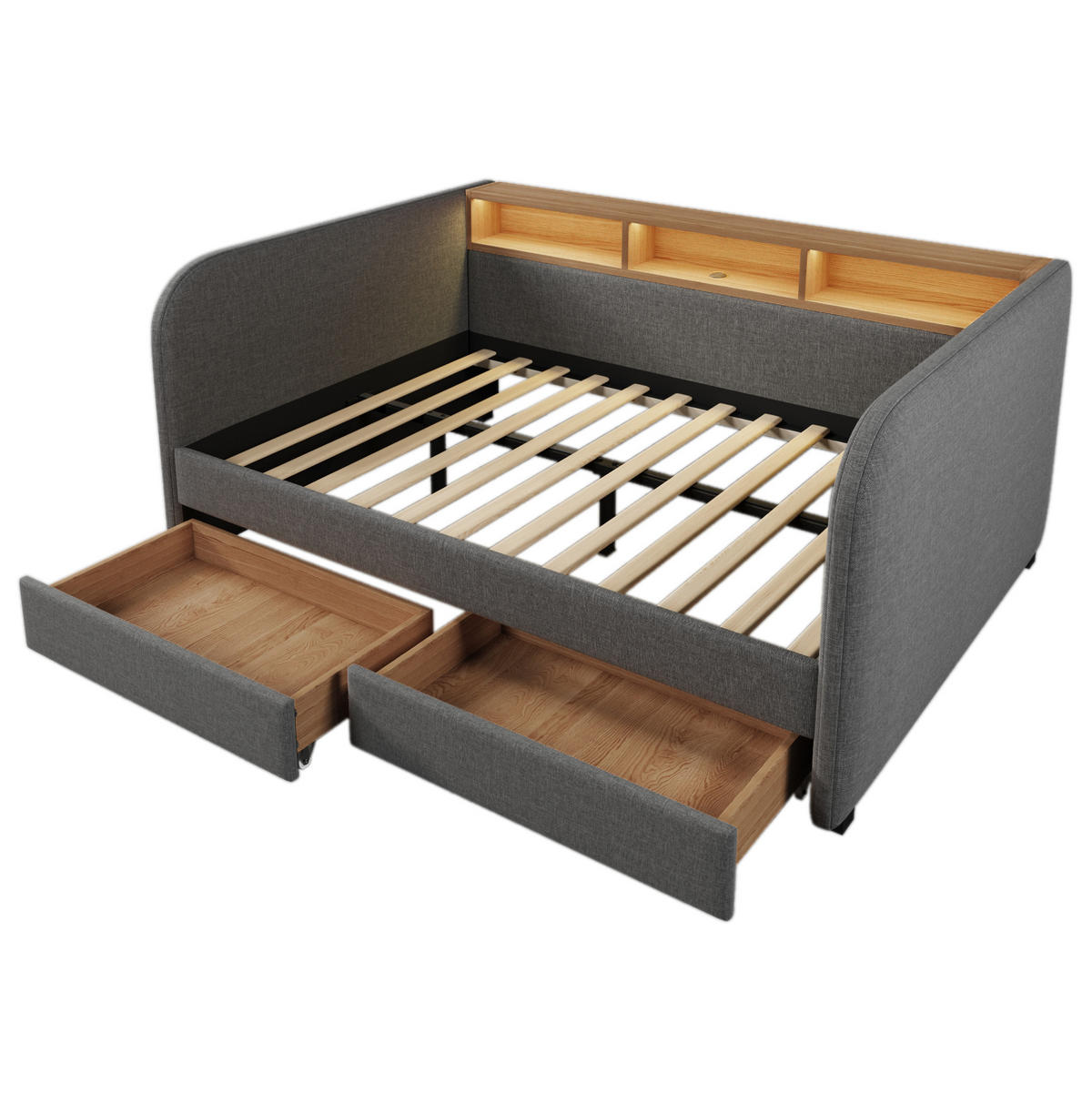 POLNJENA postelja iz lanu 140x190 cm siva z LED osvetlitvijo, USB in Type-C polnjenjem ter 2 predaloma - siva, tekstil (140/190cm) - Modfu