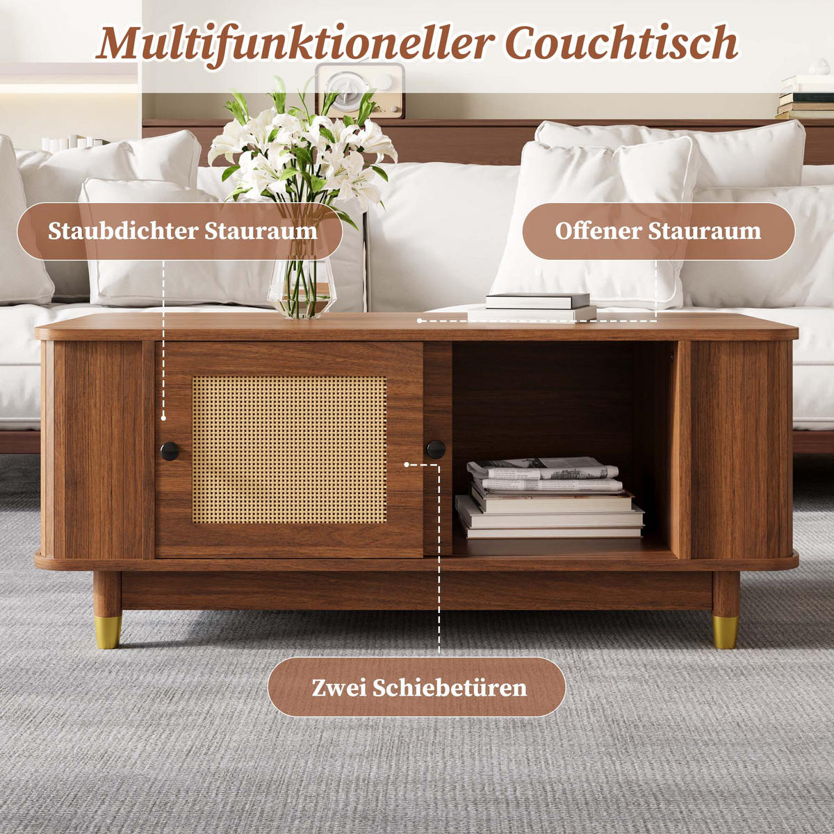 COUCHTISCH nussbaum-optik & rattan schiebetüren & abgerundete ecken - Walnussfarben, Holzwerkstoff (50/100/42cm) - Urban Meuble