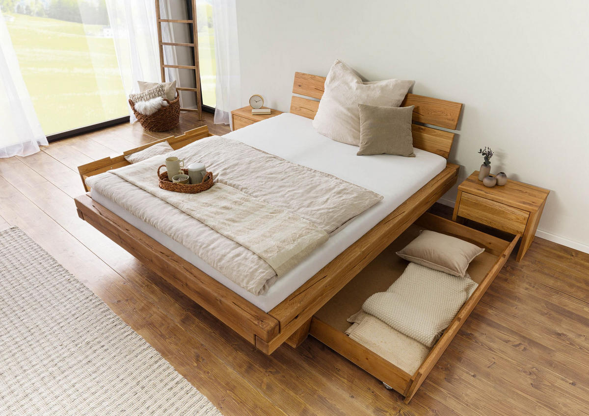 HOLZBETT mit Schubladen Eiche 200x200x87 natur geölt BREGENZ #112 - Naturfarben, Holz (200/200cm) - Massivmoebel24