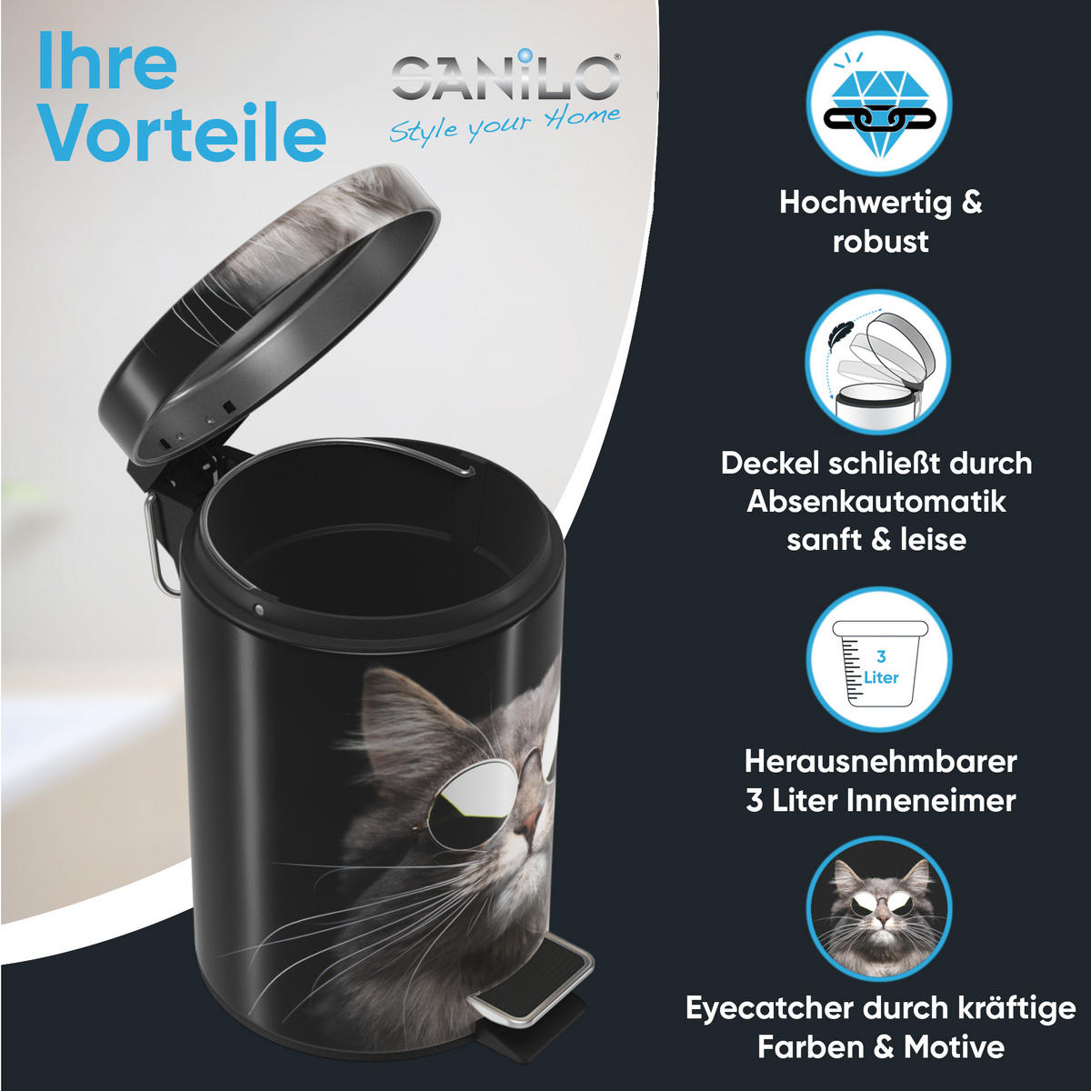 KOSMETIKEIMER Cool Cat - Schwarz/Braun, Kunststoff/Metall (17/25/25cm) - Sanilo