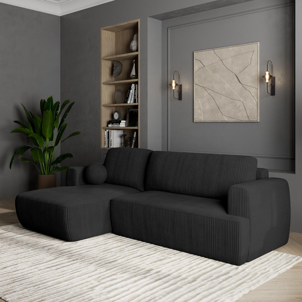 ECKSOFA SENTI P L-S Schwarz Kordstoff mit Schlaffunktion - Schwarz, Holz (246/148cm) - MASSENO