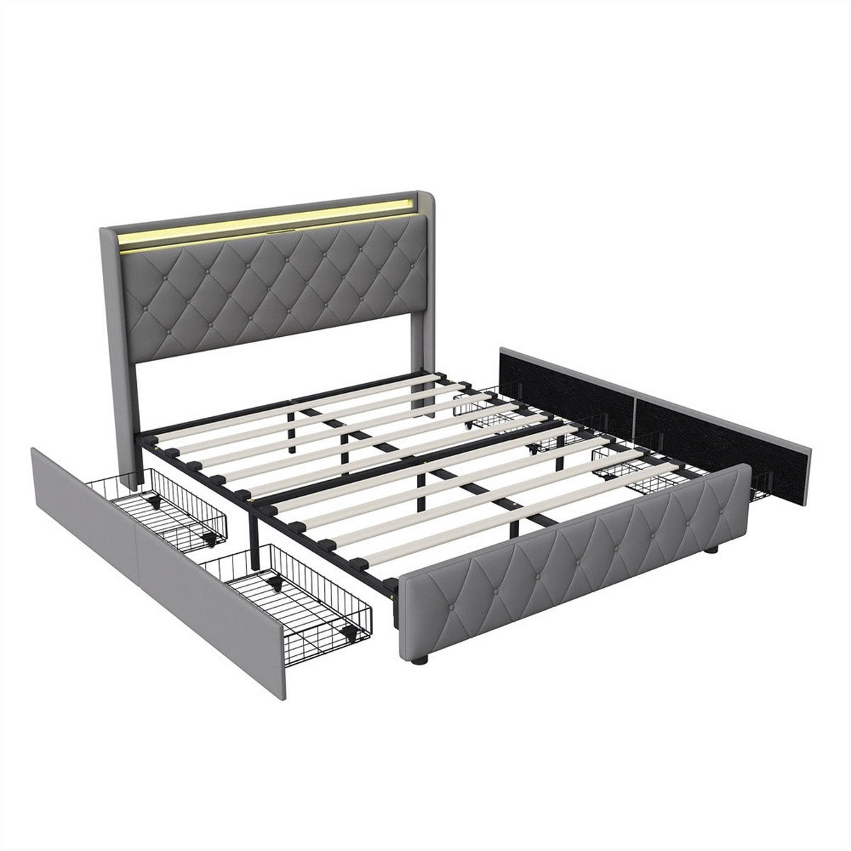 POLSTERBETT 140x200 cm mit 4 Schubladen & LED-Beleuchtung - USB-Anschlüsse - ohne Matratze - Grau - Grau, Textil (140/200cm) - DELFA