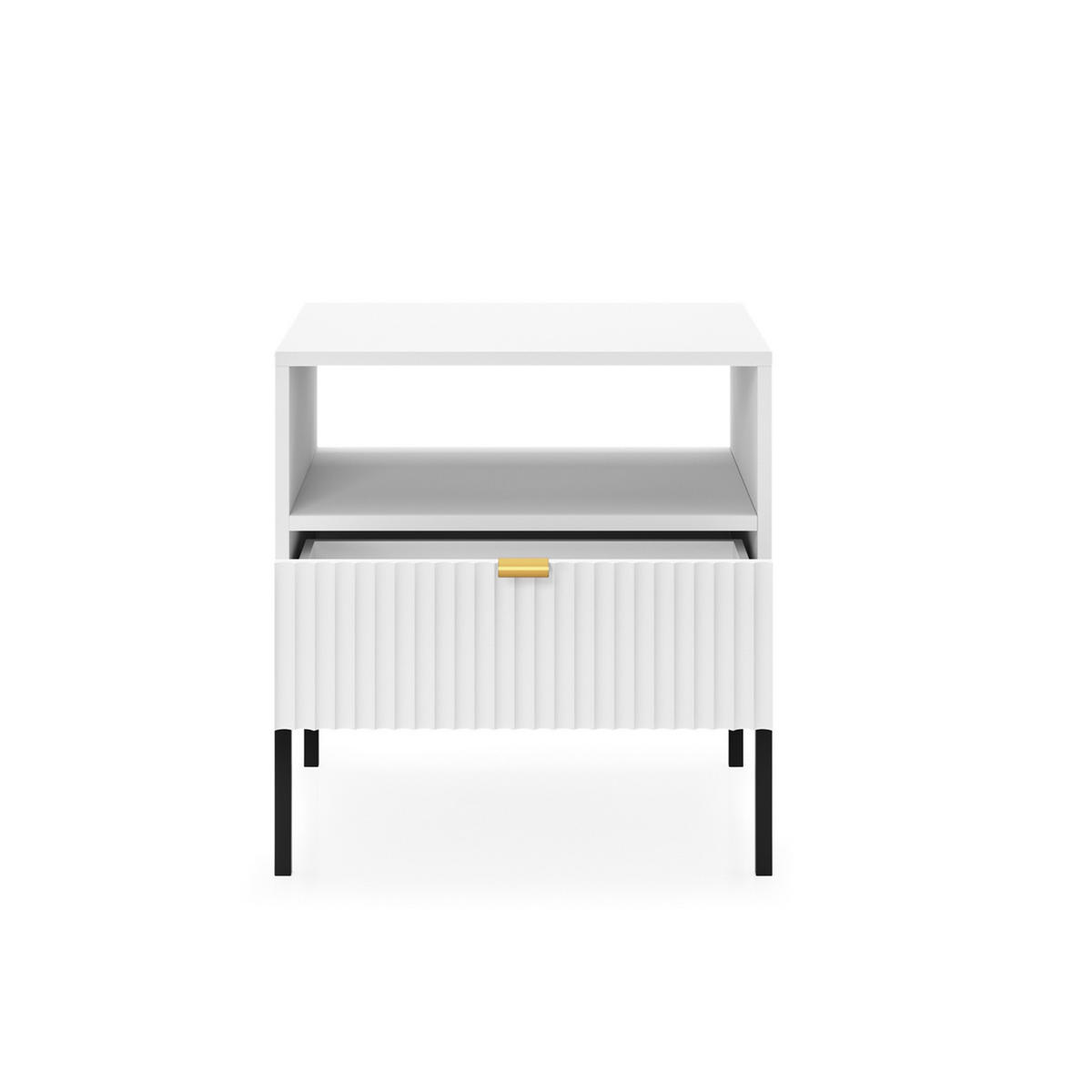 NACHTTISCH Nova Weiß, Schwarze Beine, mit Schublade - Schwarz/Weiß, Holzwerkstoff/Metall (54/56/39cm) - Bettso