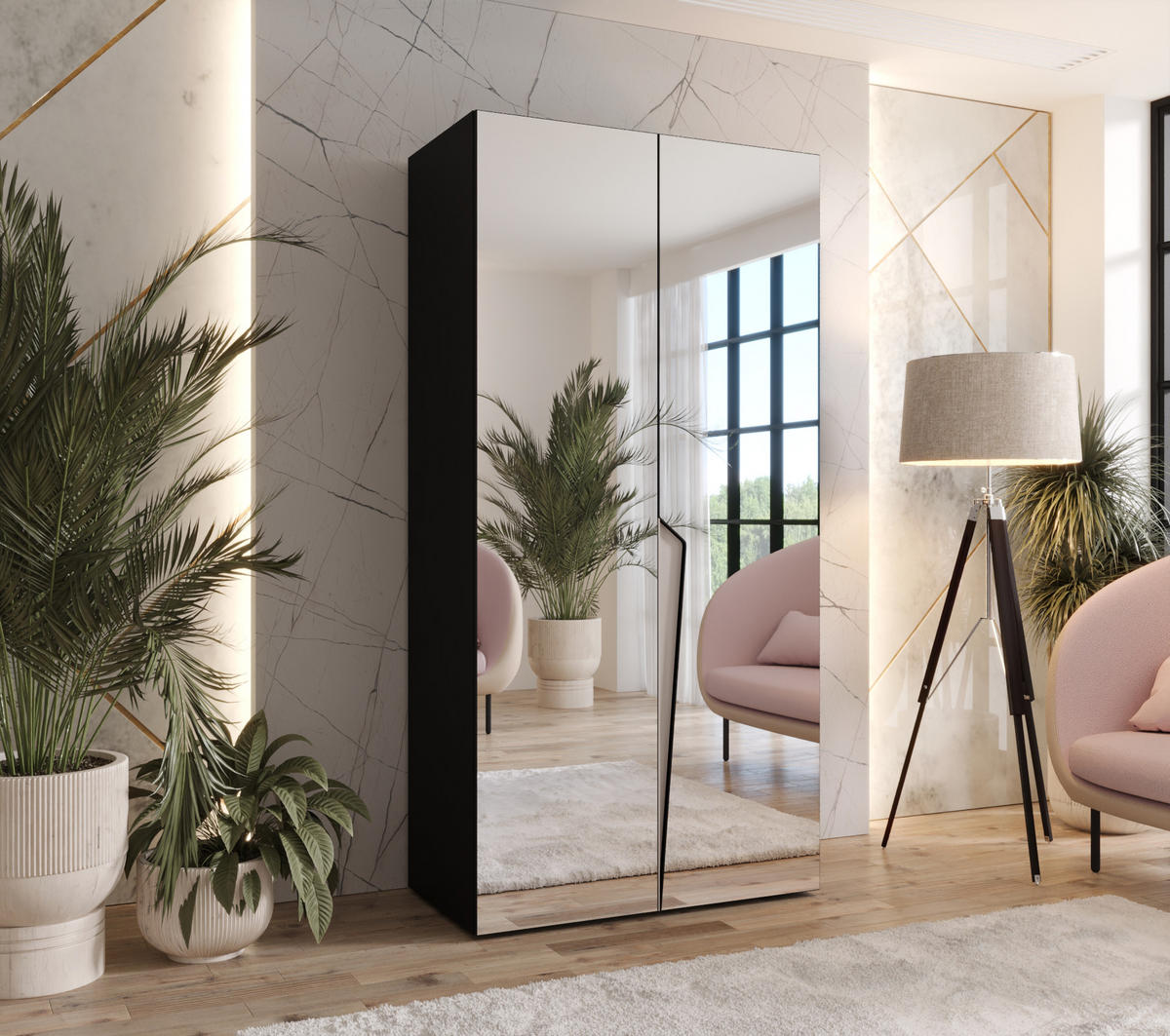 DREHTÜRENSCHRANK 202/100/52 2-türig - Beige/Schwarz, Holz/Metall (100/202/52cm) - Abiks Möbel