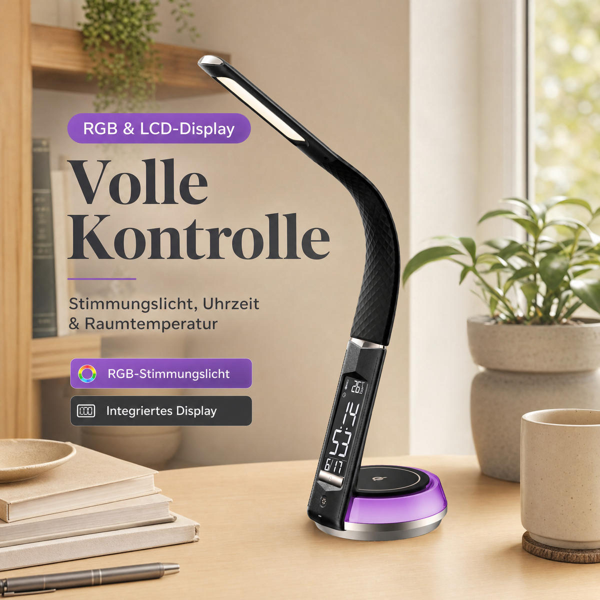 LED-SCHREIBTISCHLAMPE - mit QI-Ladestation, Touch-Dimmer und integrierter Uhr für angenehme Beleuchtung, Schwarz - Schwarz, Kunststoff (13.7/13.7/54.5cm) - Northpoint