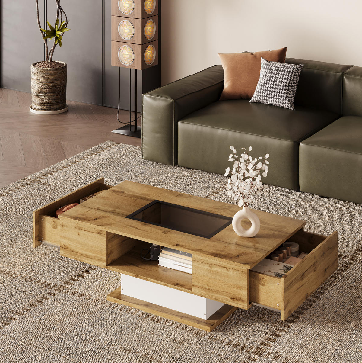 COUCHTISCH 110.2/60 cm Natur aus Spanplatte mit Glas und LED-Beleuchtung - Naturfarben, Holzwerkstoff (110.2/60/39.7cm) - OKMYHOME