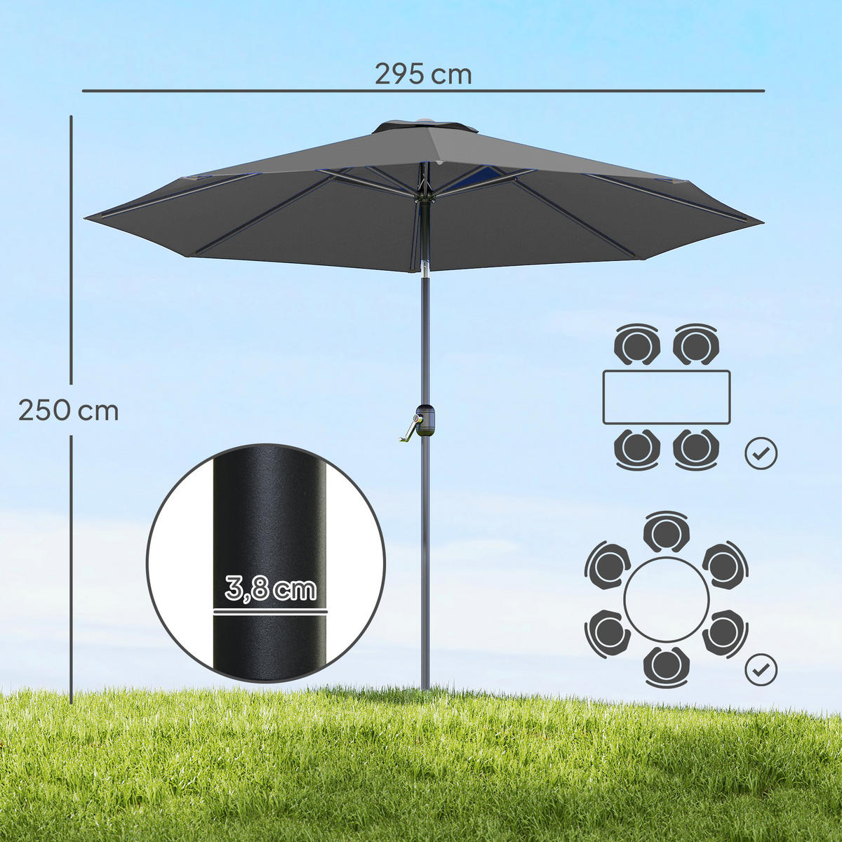 SONNENSCHIRM DE-11357 neigbar, mit Kurbel, Ø 3 m Grau - Dunkelgrau, Metall (295/295cm) - ComfortXL