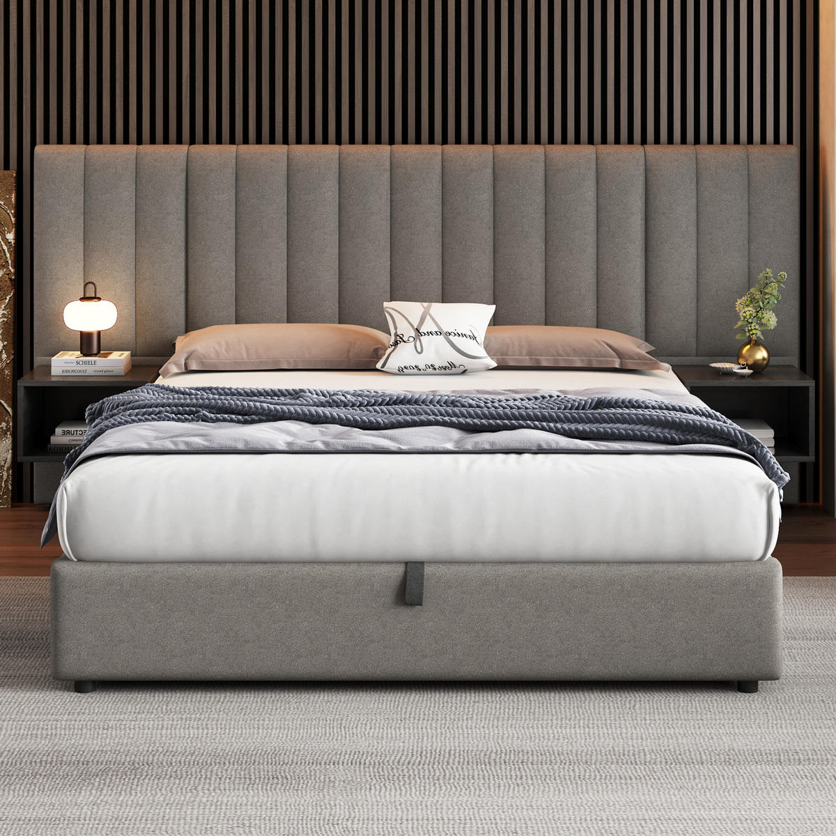 POLSTERBETT aus Leinen 160x200 cm in Grau mit Stauraum - Grau, Textil (160/200cm) - Modfu