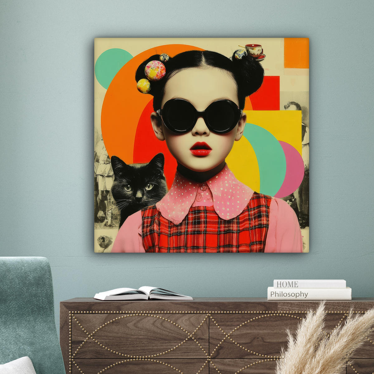 LEINWANDBILD Mädchen - Sonnenbrille - Katze - Retro Deko Groß 90x90 cm - Beige, Textil (90/90cm) - MuchoWow