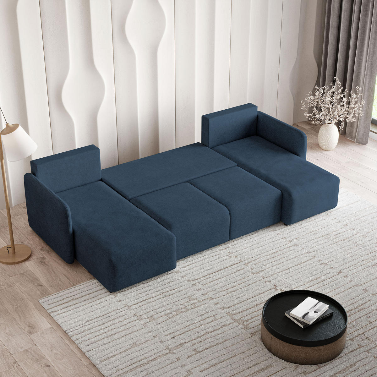 WOHNLANDSCHAFT NUBERO Blau Geflochtener Stoff mit Schlaffunktion - Blau, Holz (285/85/143cm) - MASSENO