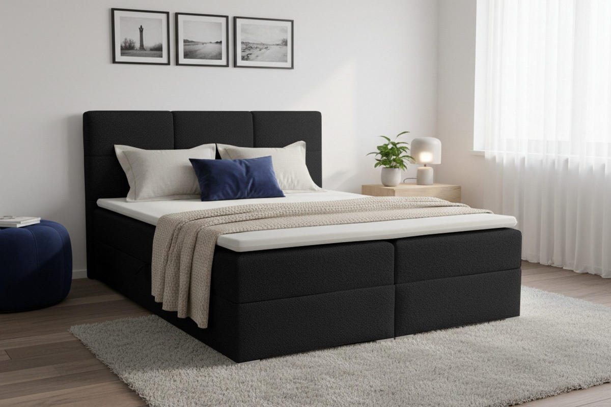 BOXBETT SUSAN LUX 180/200 in Boucle Schwarz H4 - Schwarz, Holz/Holzwerkstoff (180/200cm) - Deine Möbel 24
