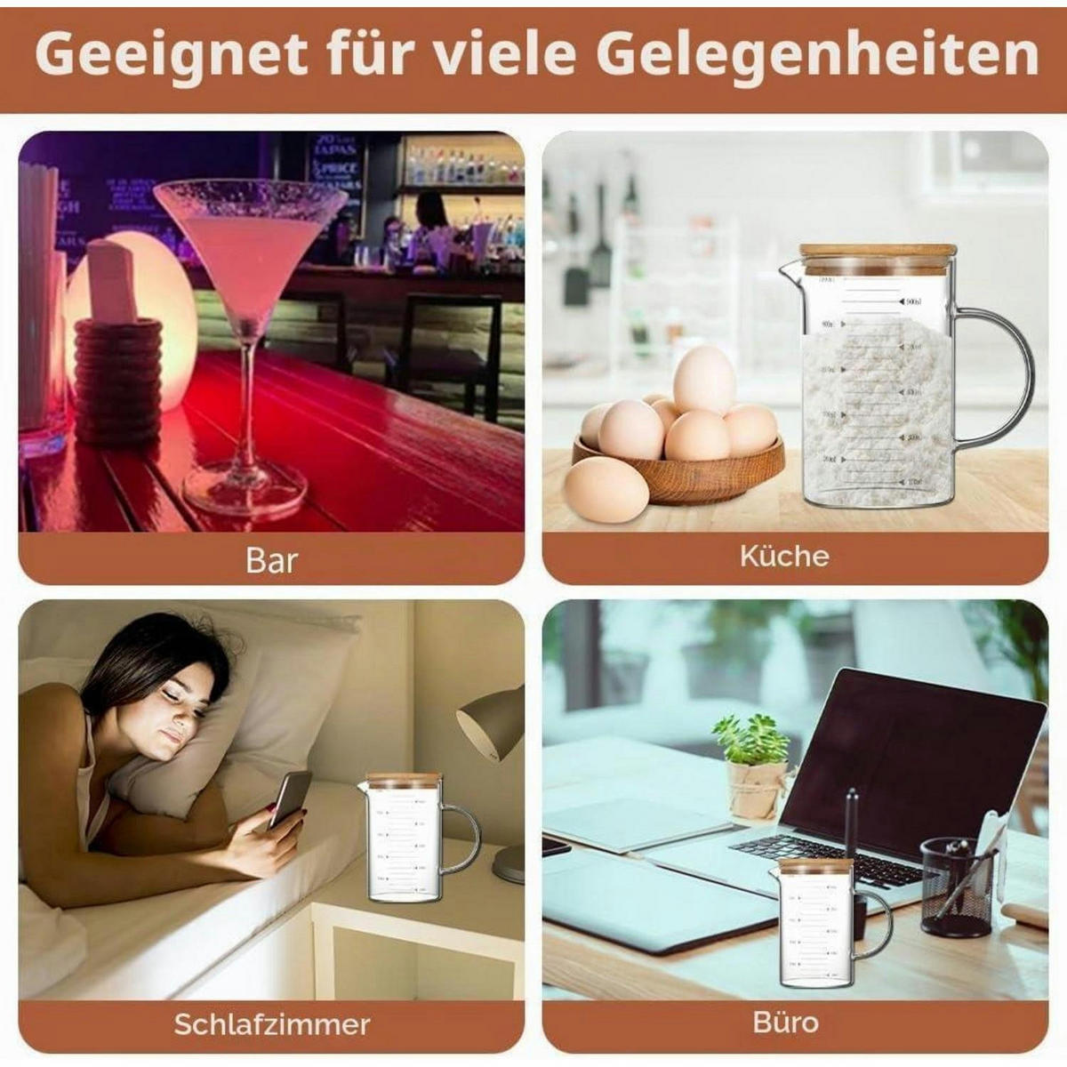 MESSBECHER Glas 1000 ml mit Bambusdeckel - Transparent, Glas (1L)