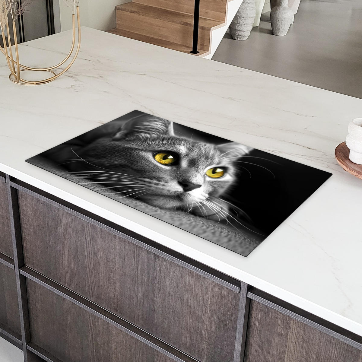 HERDABDECKPLATTE Katze - Grau - Tiere - Katze Induktionsschutz 91.6x52.7 cm - Grau, Kunststoff (91.6/52.7/0.2cm) - MuchoWow