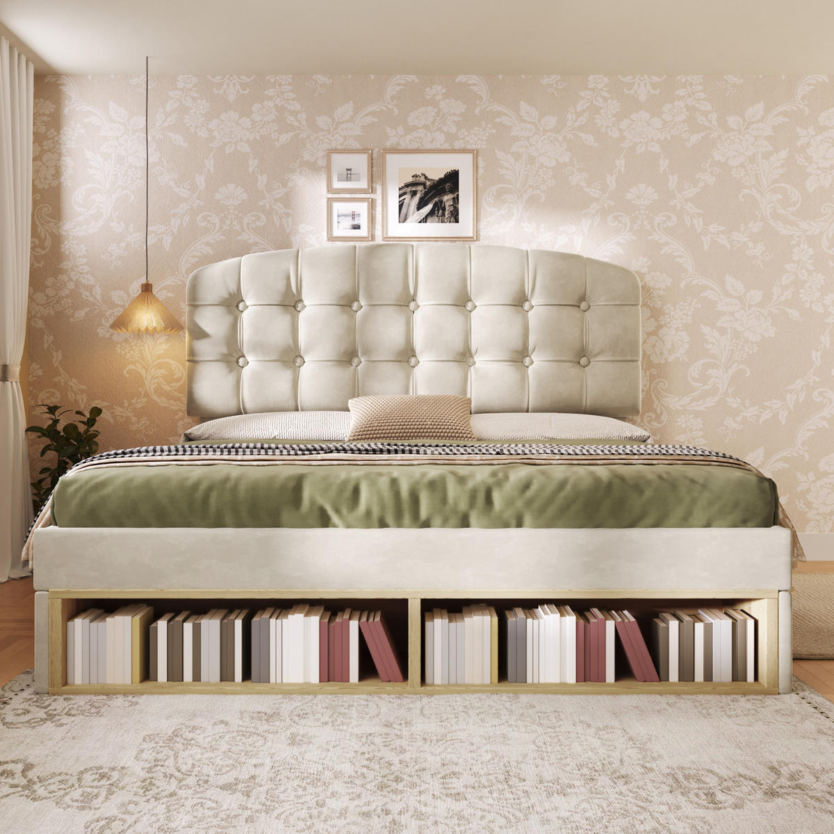 BETT mit Schubladen 140x190 cm Samt Beige - Beige, Metall (140/190cm) - Meubliv