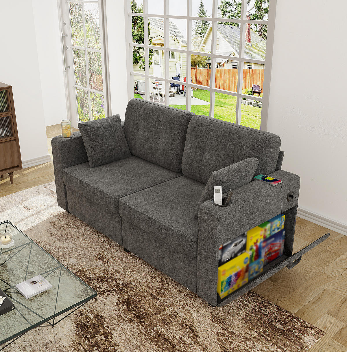 2-SITZER-SOFA 172/75/82 cm mit USB-Anschlüssen, Stauraumschubladen und Getränkehaltern, Chenille, Grau - Grau, Textil (172/82/75cm) - Redom