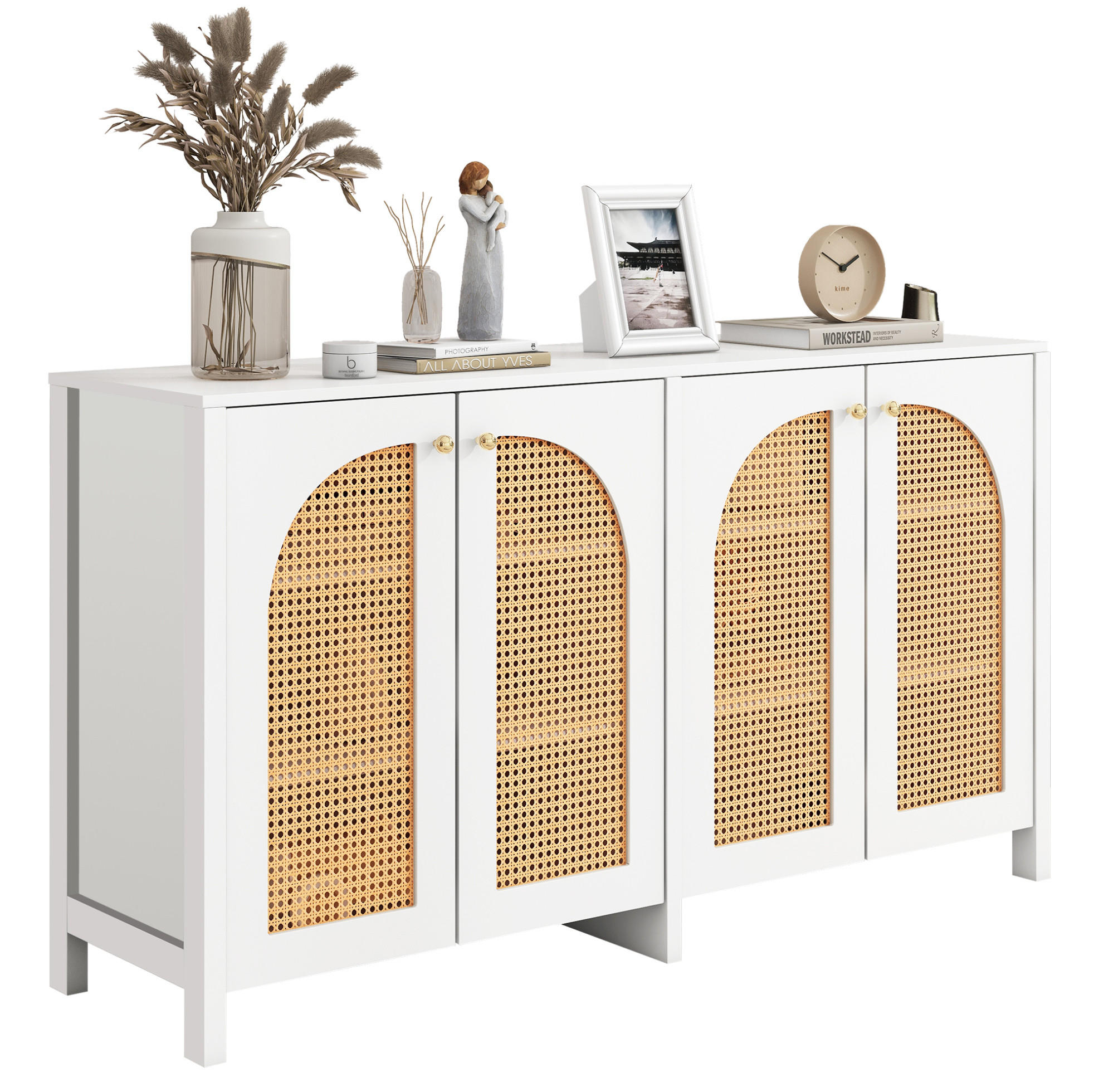 SIDEBOARD mit 4 Kunst-Rattantüren, verstellbarem Regalboden und Metallgriffen, Weiß - Weiß, Holzwerkstoff (145/40/80cm) - Redom