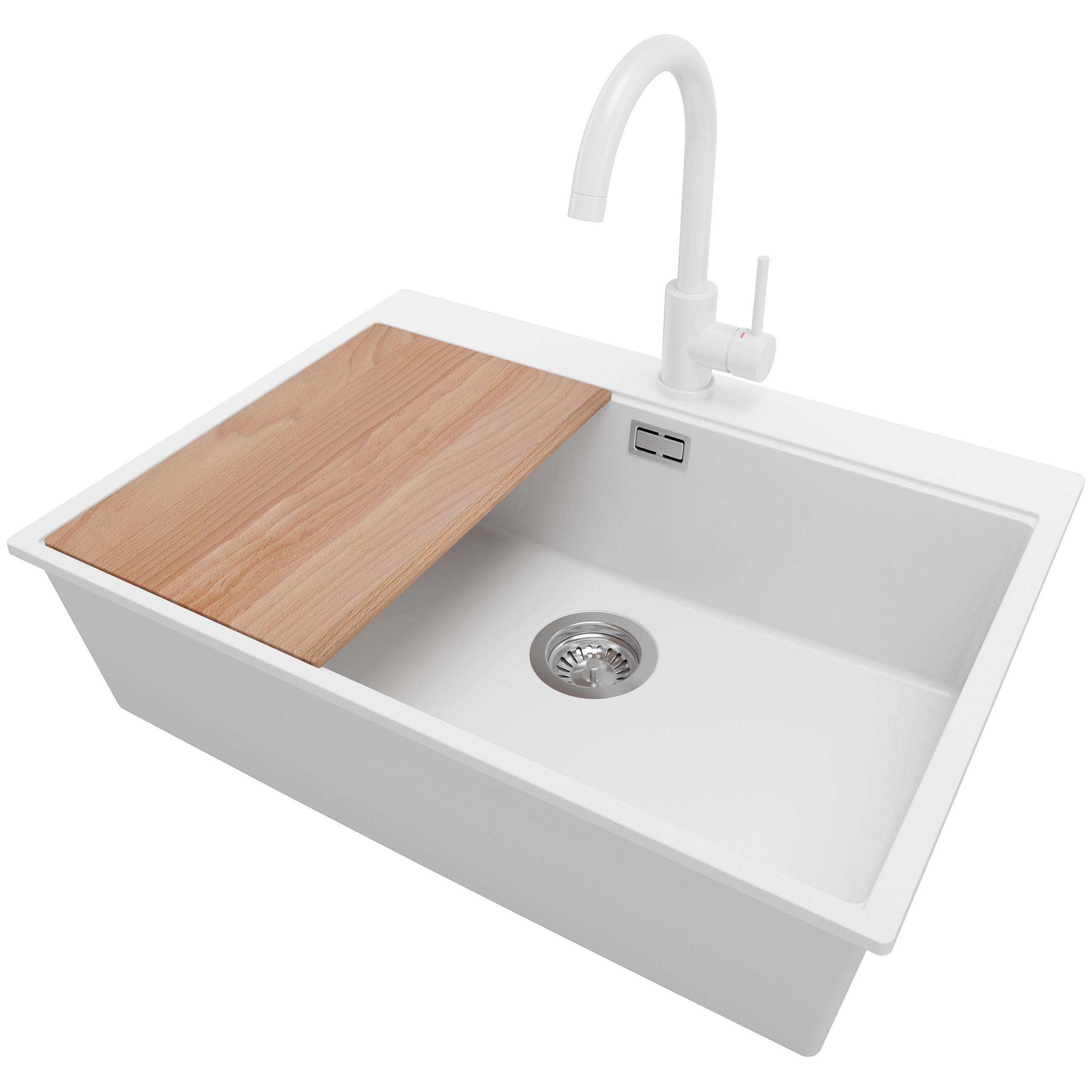GRANITSPÜLE Oslo, 4-er set Weiß 68/50 cm, 1 Becken + Küchenarmatur 32/20 cm + Ablauf-Set + Schneidebrett ab 70er Unterschrank - Chromfarben/Beige, Kunststoff (68/20/50cm) - Primagran