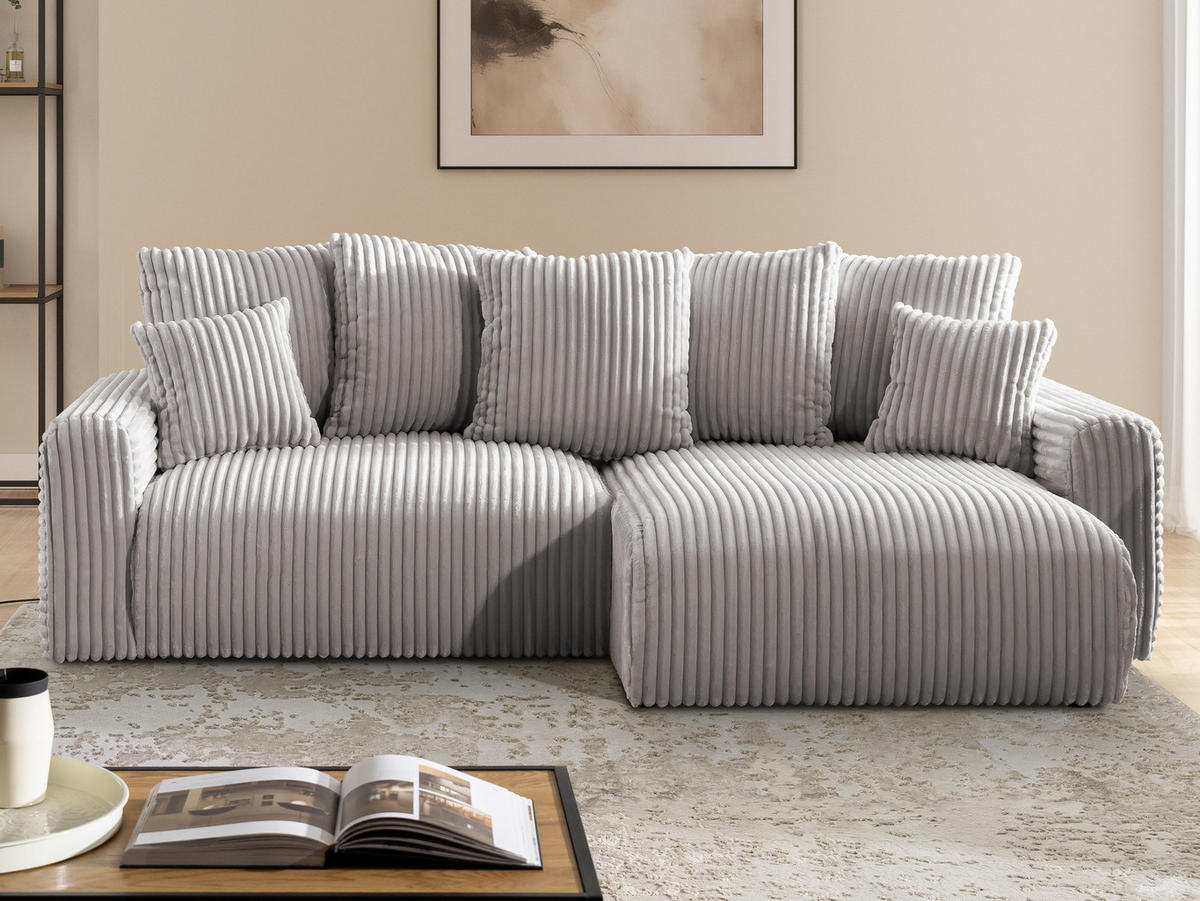 ECKSOFA Calma mit Schlaffunktion und Bettkasten im Bumpy-Design aus weichem Hellgrau Plüschcord - Ottomane rechts - Hellgrau/Schwarz, Holz/Kunststoff (140/239cm) - S-Style