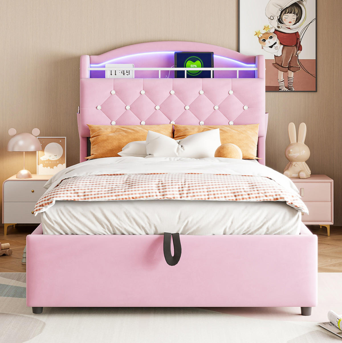 KINDERBETT mit Stauraum 90x200 cm Samt Rosa mit LED und USB - Pink, Metall (90/200cm) - Meubliv