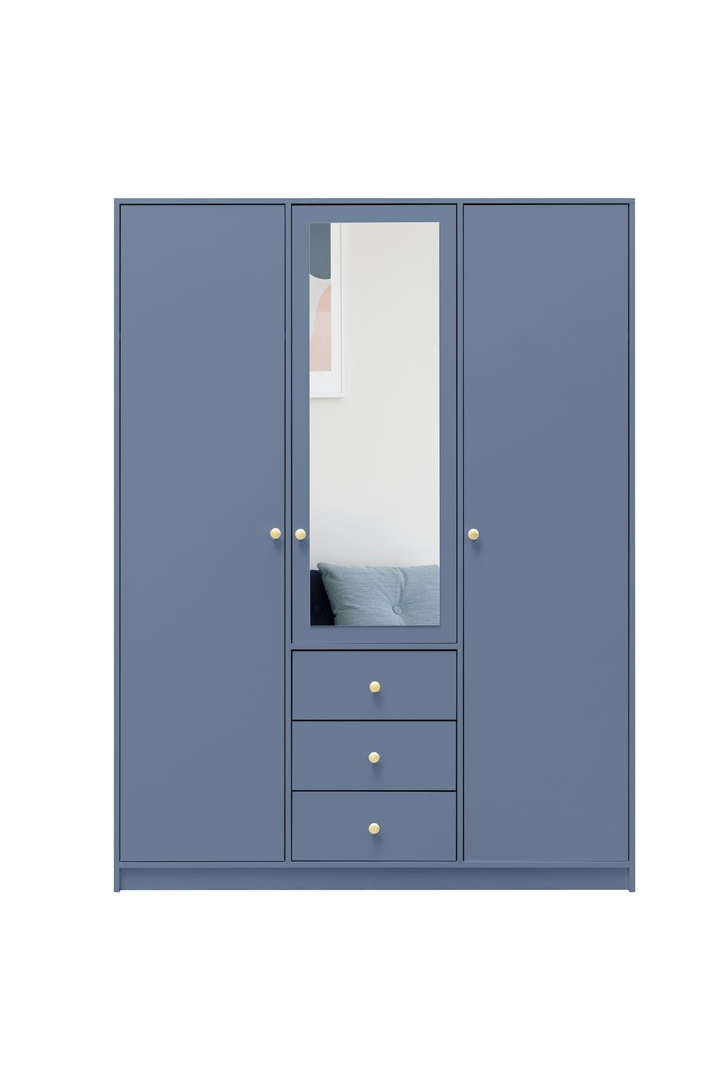 KLEIDERSCHRANK Rainbow Hellblau, dreitüriger Drehtürenschränk mit Spiegel und Schubladen - Hellblau, Holzwerkstoff (149/200/58cm) - Bettso