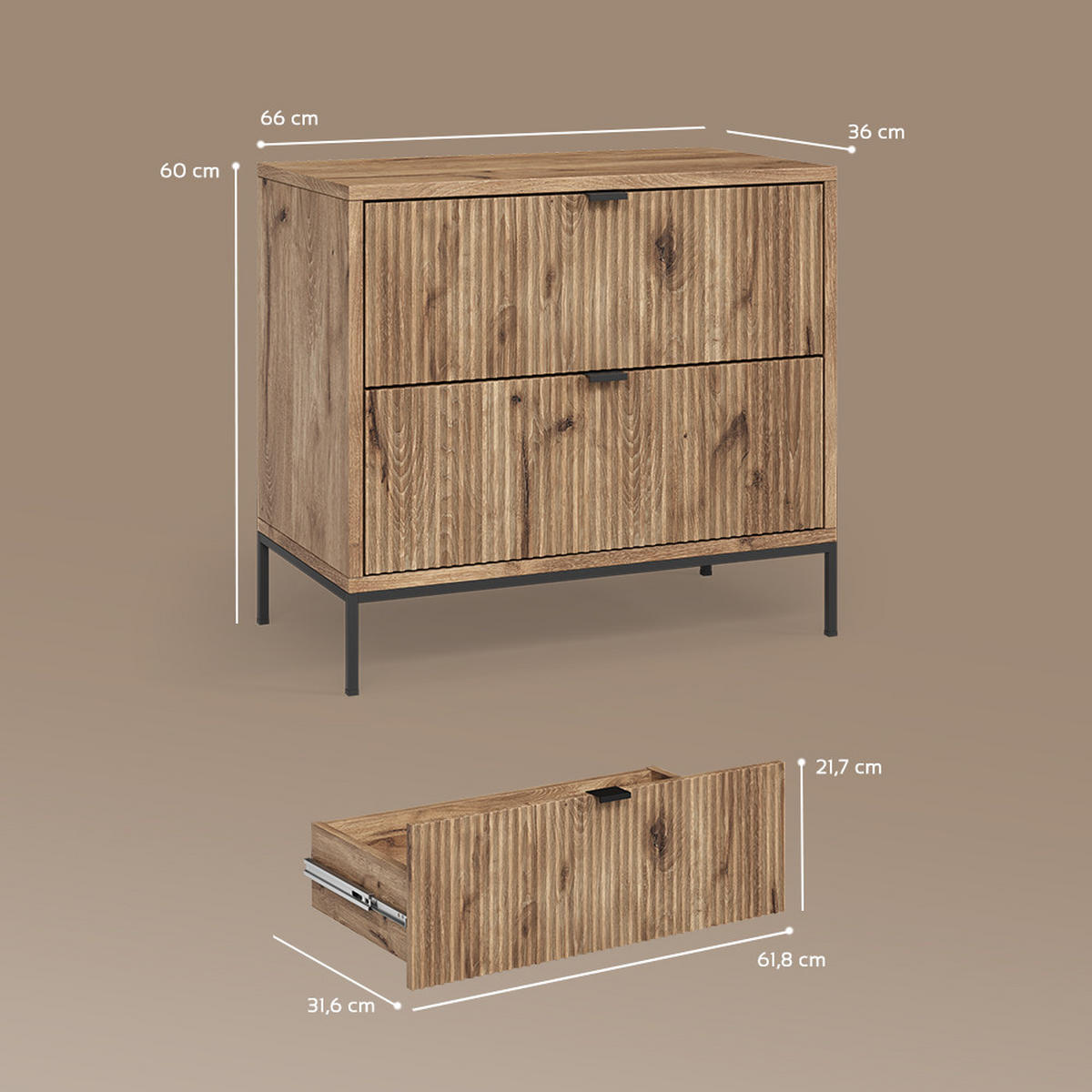 NACHTTISCH Aterno Viking Oak mit 2 Schubladen - Eichefarben, Holzwerkstoff (66/60/36cm) - Livinity®
