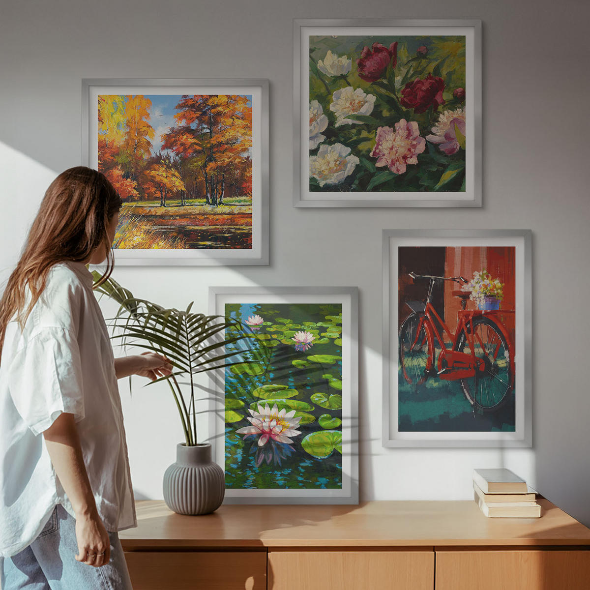 WANDBILDER 4er Set - 50x50 cm & 40x60 cm Silberner Rahmen - Herbstfarben Seerosenteich - Silberfarben, Kunststoff (50/50cm) - ArtPrintCave