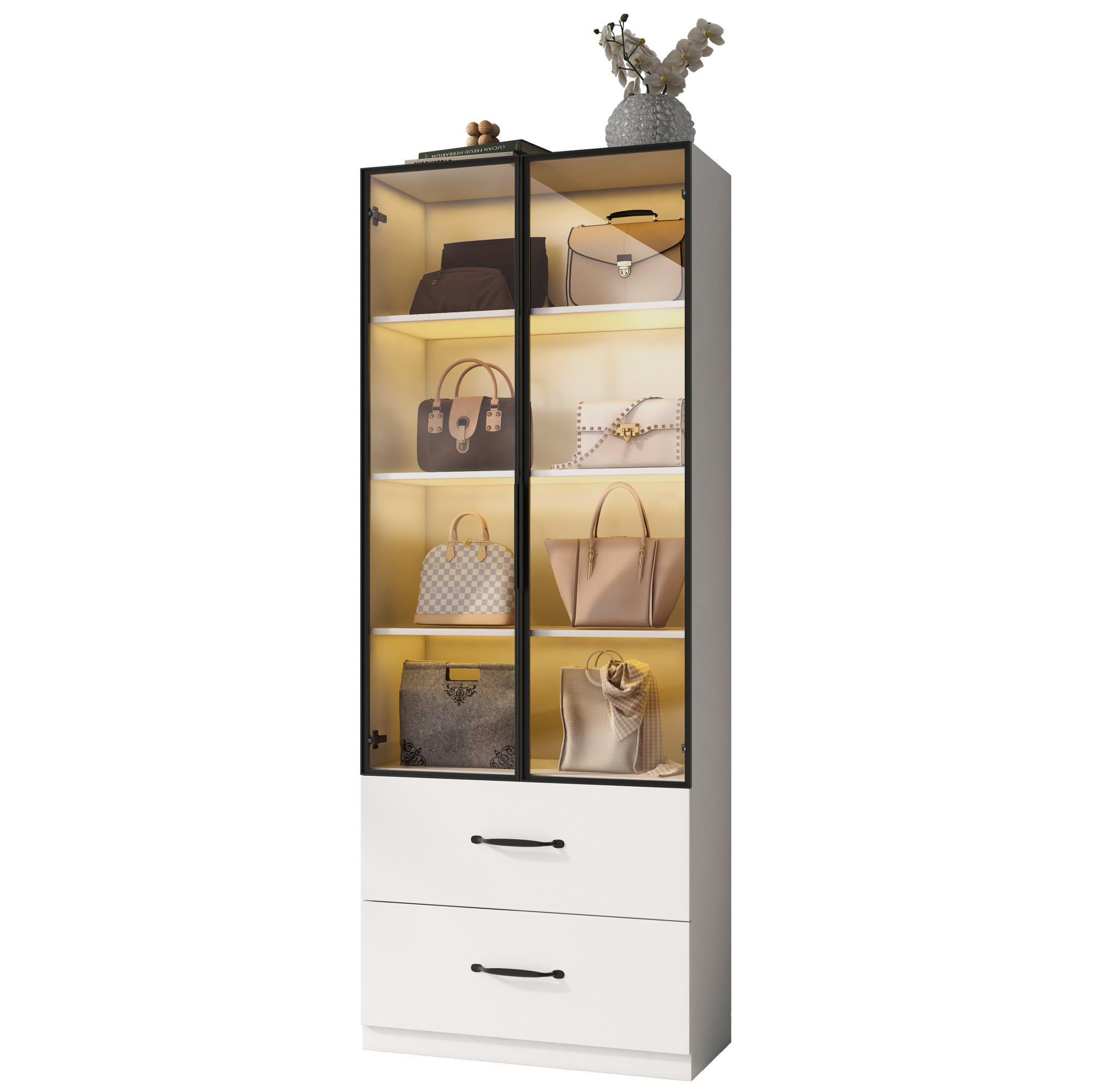 VITRINE 60/40/160 cm aus Spanplatte mit LED-Beleuchtung und 2 Schubladen Weiß - Weiß, Holzwerkstoff (60/160/40cm) - Modenvie