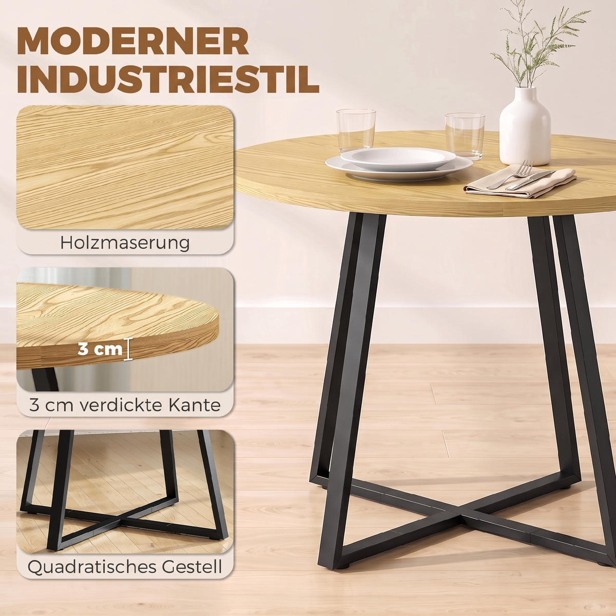 ESSTISCH Spanplatte Stahl Naturholz - Schwarz/Naturfarben, Holzwerkstoff/Metall (100/100/76.5cm) - HOMCOM