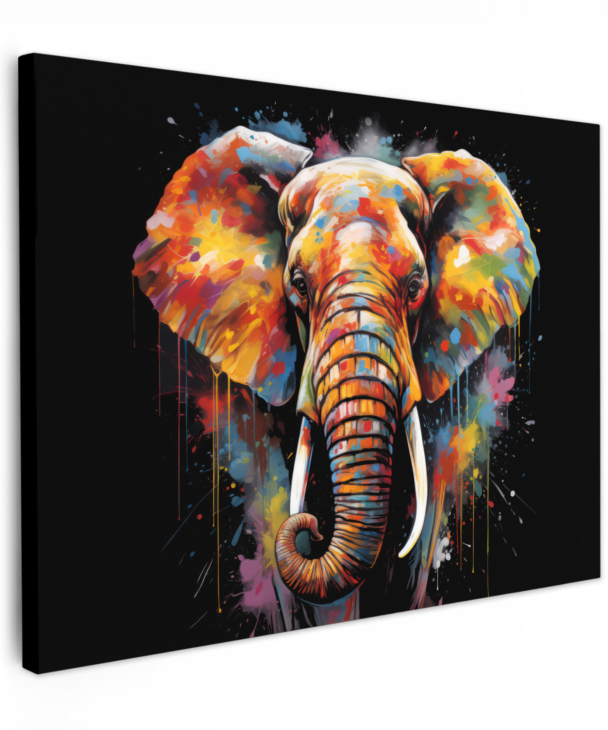 LEINWANDBILD Elefant - Graffiti - Schwarz - Tiere - Farben Wandbilder 80x60 cm - Schwarz, Textil (80/60cm) - MuchoWow