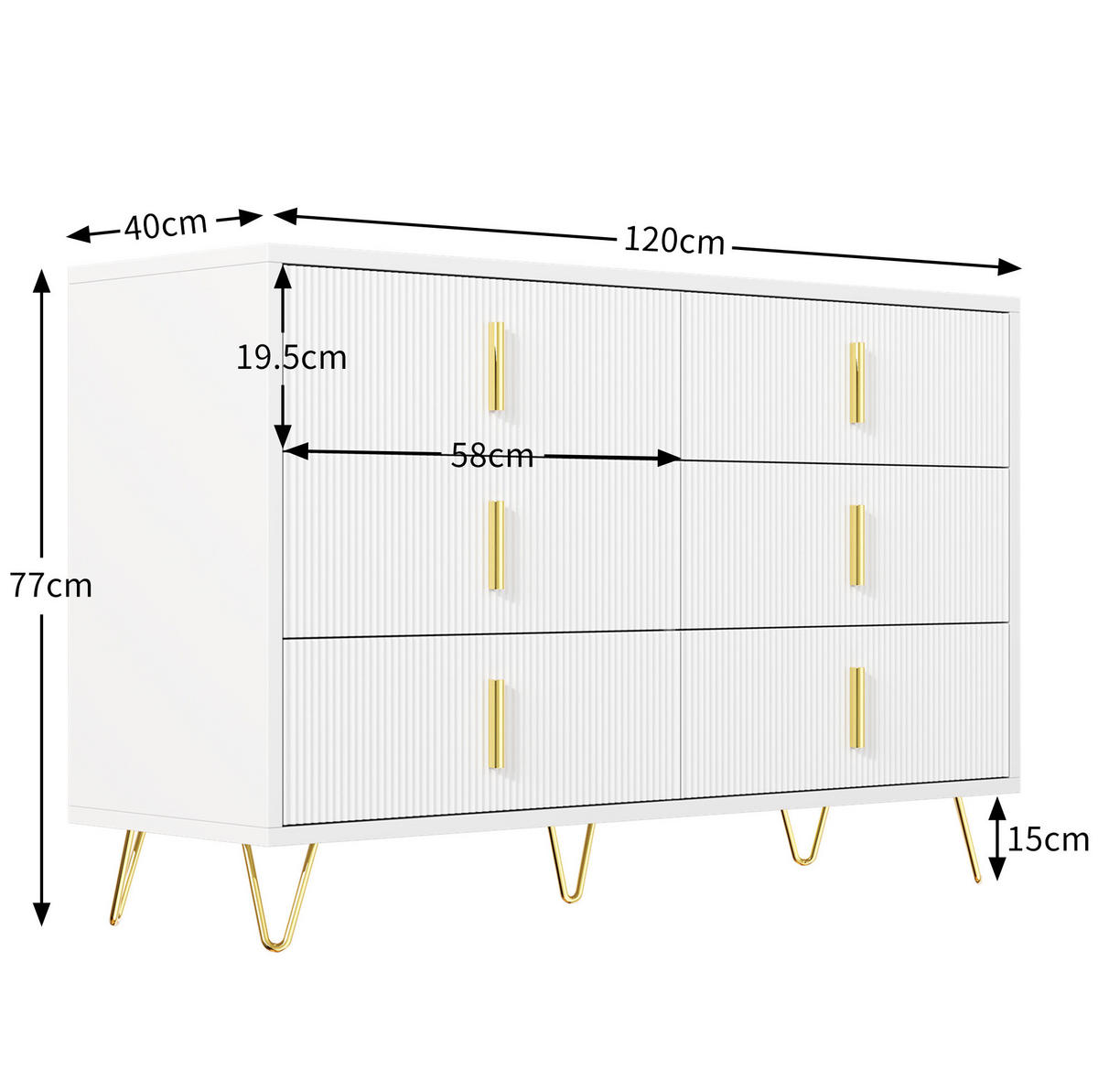 SIDEBOARD 120/40/77 cm mit 6 Schubladen in Weiß/Gold - Weiß, Holzwerkstoff (120/77/40cm) - BEAOK