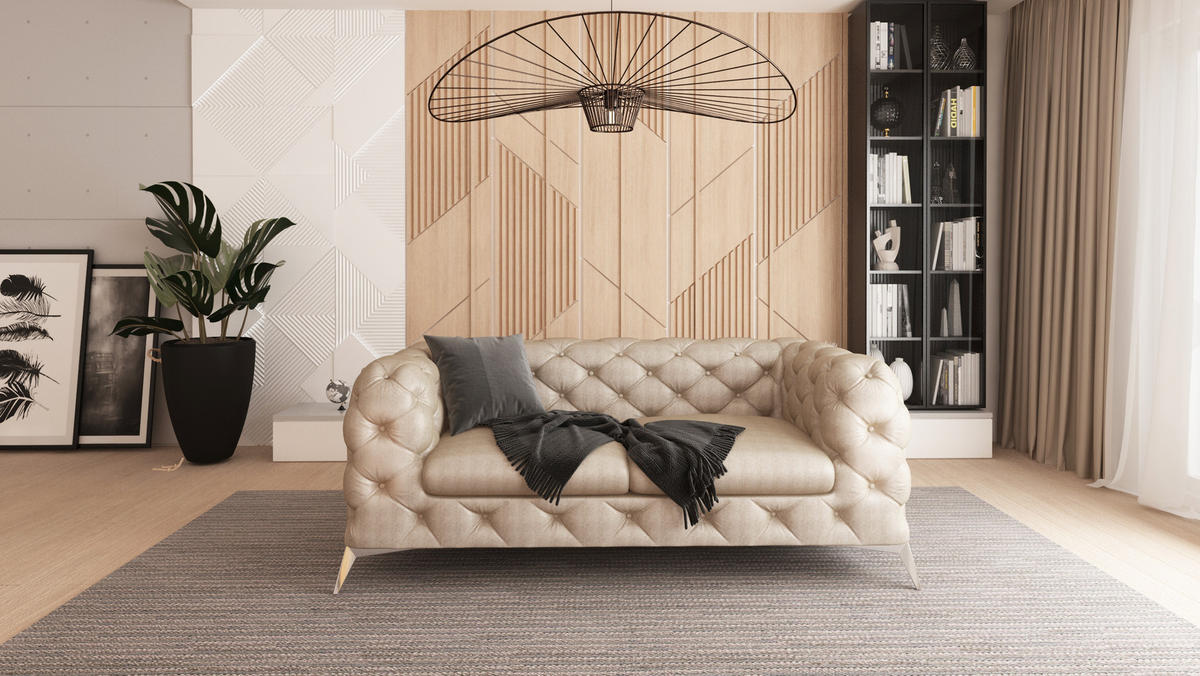 CHESTERFIELD-SOFA 2-Sitzer Quantum Beige Samt - Beige/Silberfarben, Holz/Textil (185/75/100cm) - S-Style Möbel