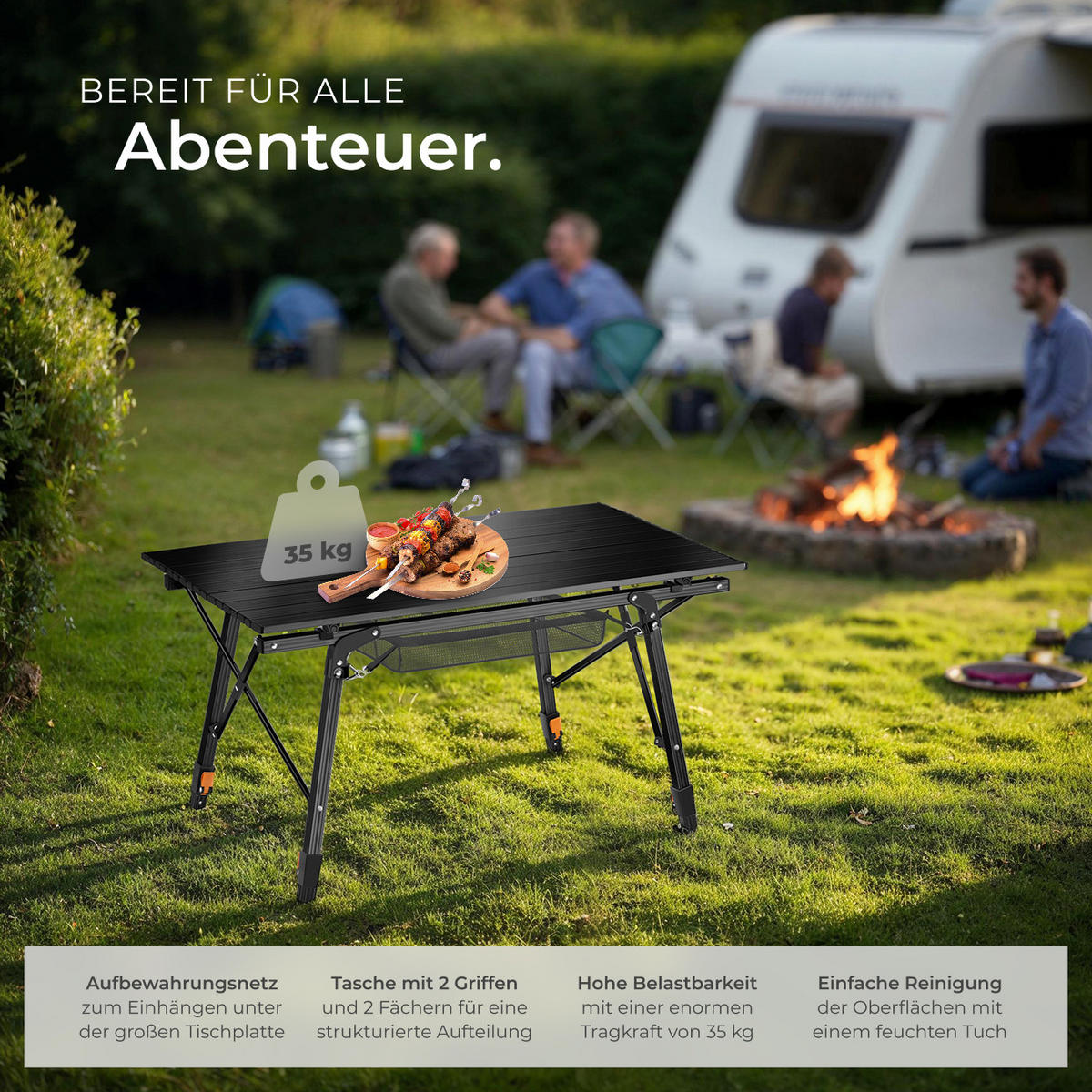 CAMPINGTISCH Tina,90 x 52 x 47 - 70 cm,schwarz - Schwarz, Metall (90/52/70cm) - tectake