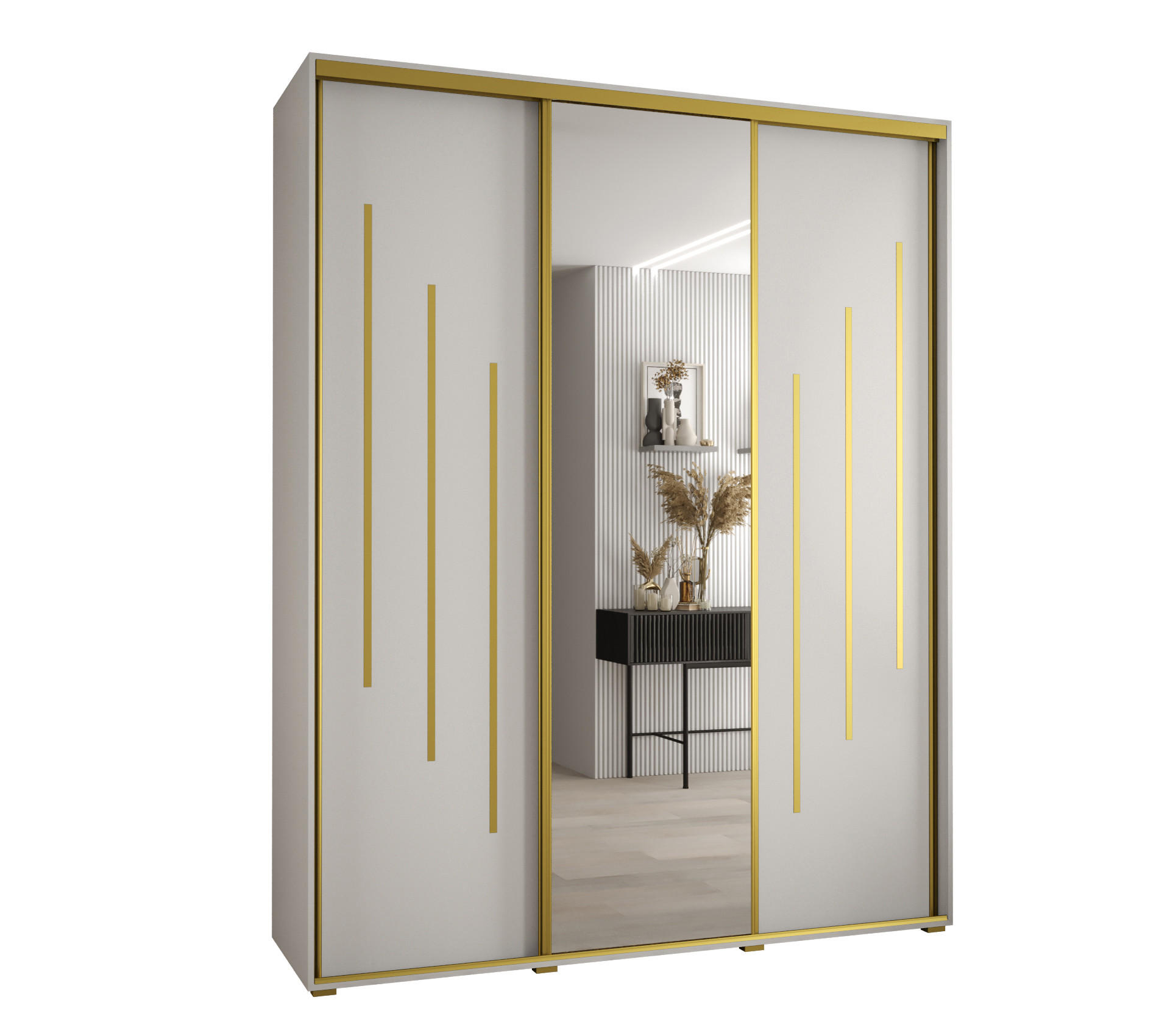 Abiks Möbel Schwebetürenschrank Weiß, Weiß, Gold 200x235x45 cm