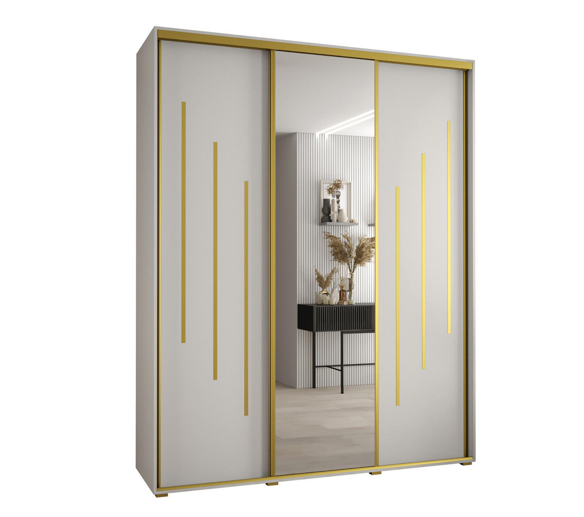 SCHWEBETÜRENSCHRANK 235,2/200/60 3-türig - Goldfarben/Weiß, Holz/Metall (200/235/60cm) - Abiks Möbel