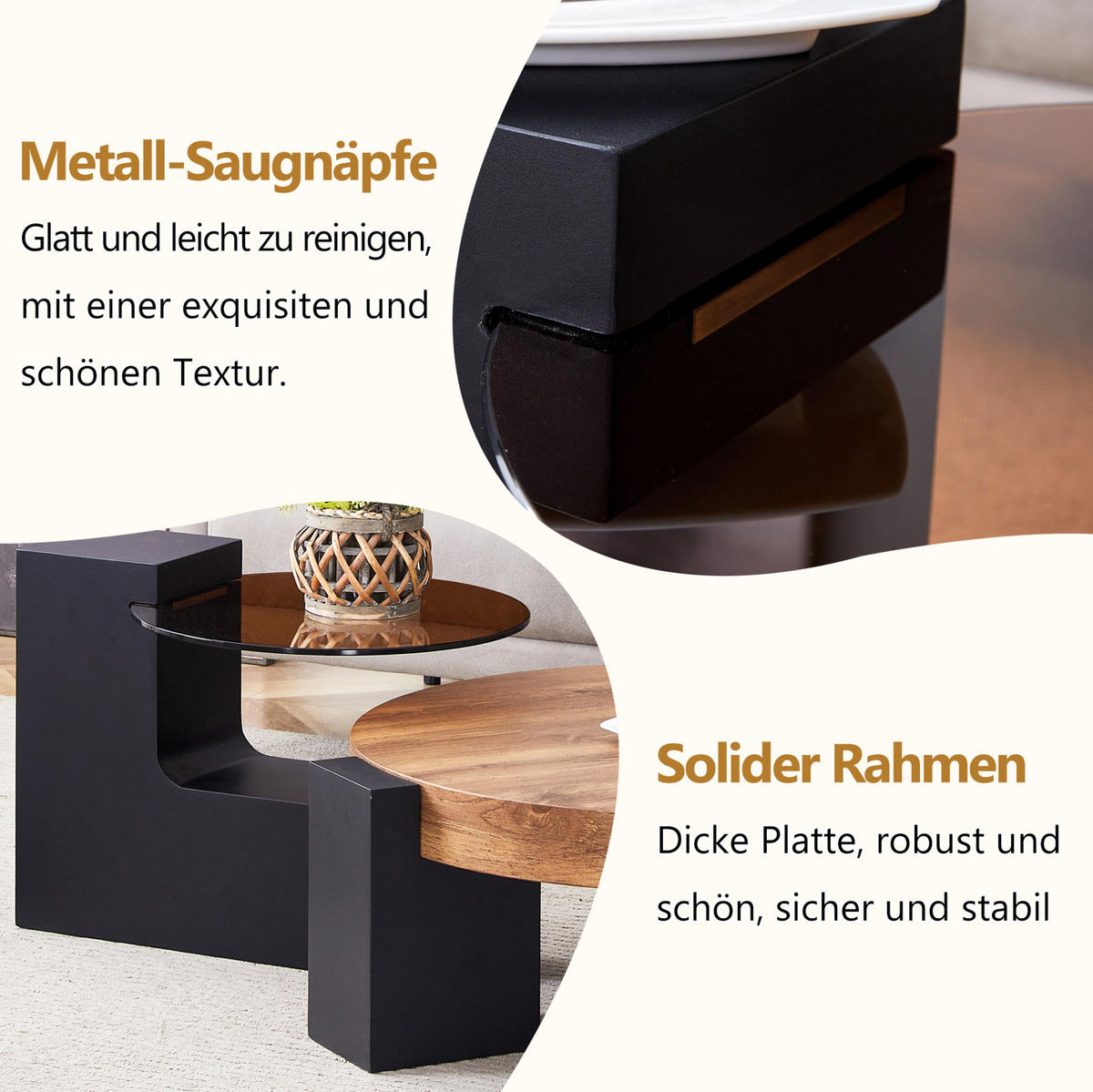 COUCHTISCH-SET 61/61/30 cm und 44/44/44 cm, 2 Ebenen, zerlegbar und flexibel nutzbar, Schwarz/Holzfarben - Schwarz, Holzwerkstoff (61/61/30cm) - Modfu