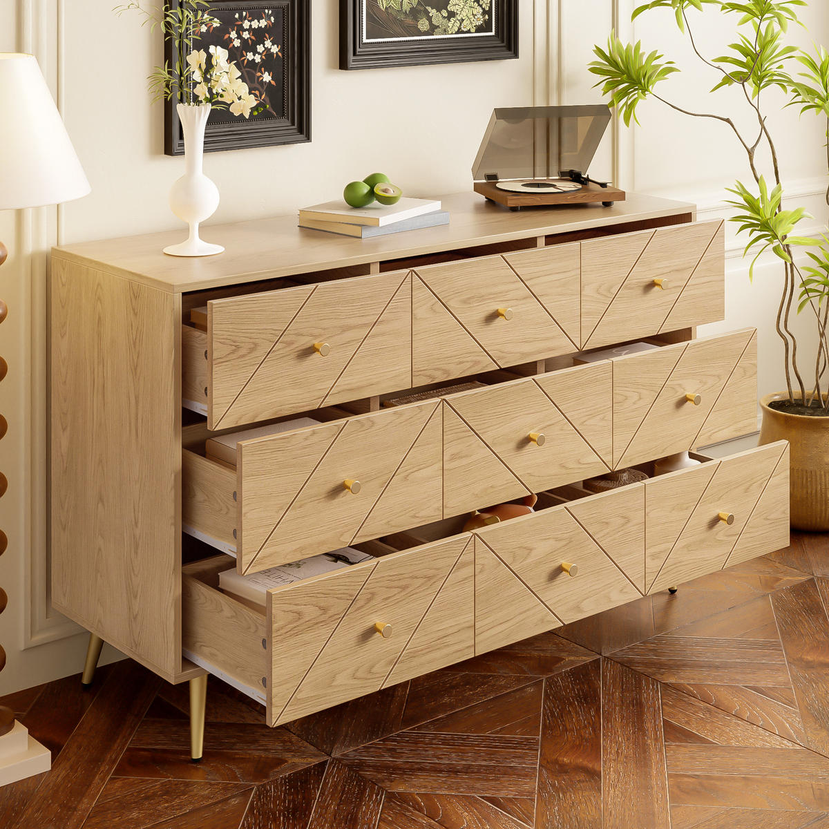 SIDEBOARD mit 9 Schubladen, Eisenbeinen & geometrischem Muster - Sonoma Eiche, Holzwerkstoff/Metall (120/80/39cm) - Urban Meuble