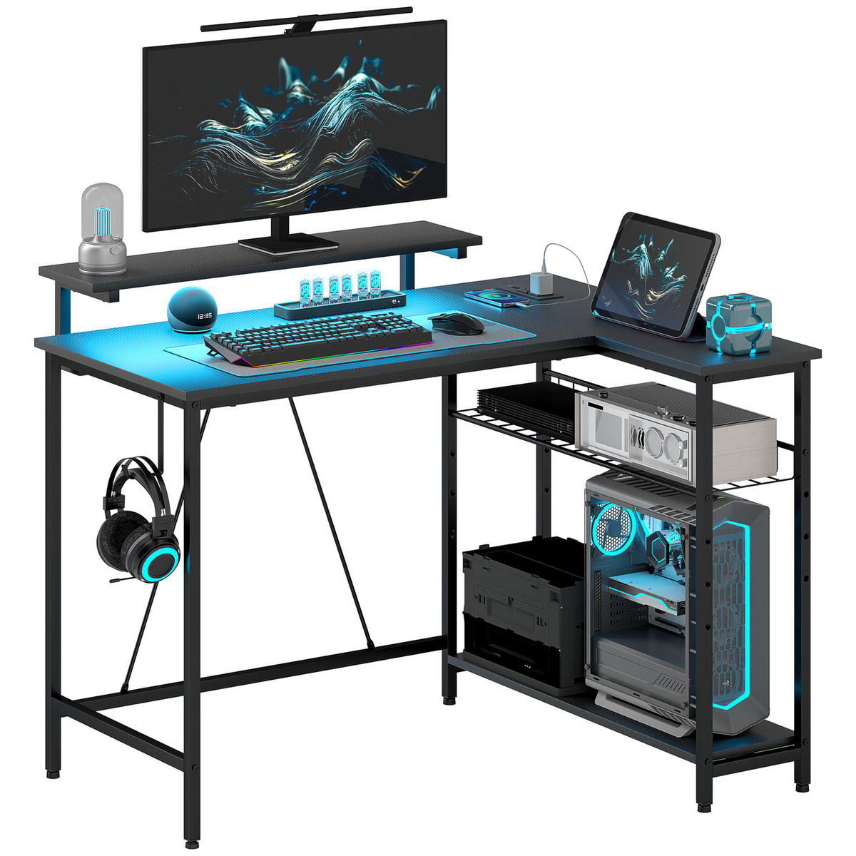 ECKSCHREIBTISCH DE-14907 mit LED, USB & Steckdosen Schwarz - Schwarz, Holzwerkstoff (107/80/90cm) - ComfortXL